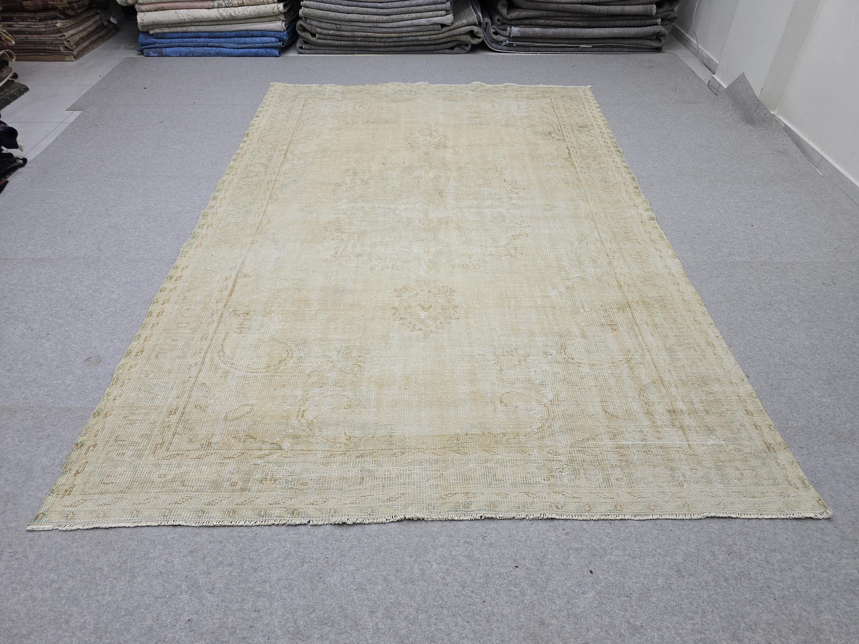 Vintage Rug 7x10, Hand Knotted Wool Oushak Area Rug Large Neutral