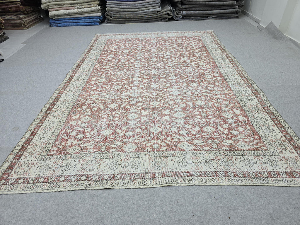 Hand Knotted Oushak Rug: 7x10 ft. Faded Muted terracotta red  Anatolian Carpet