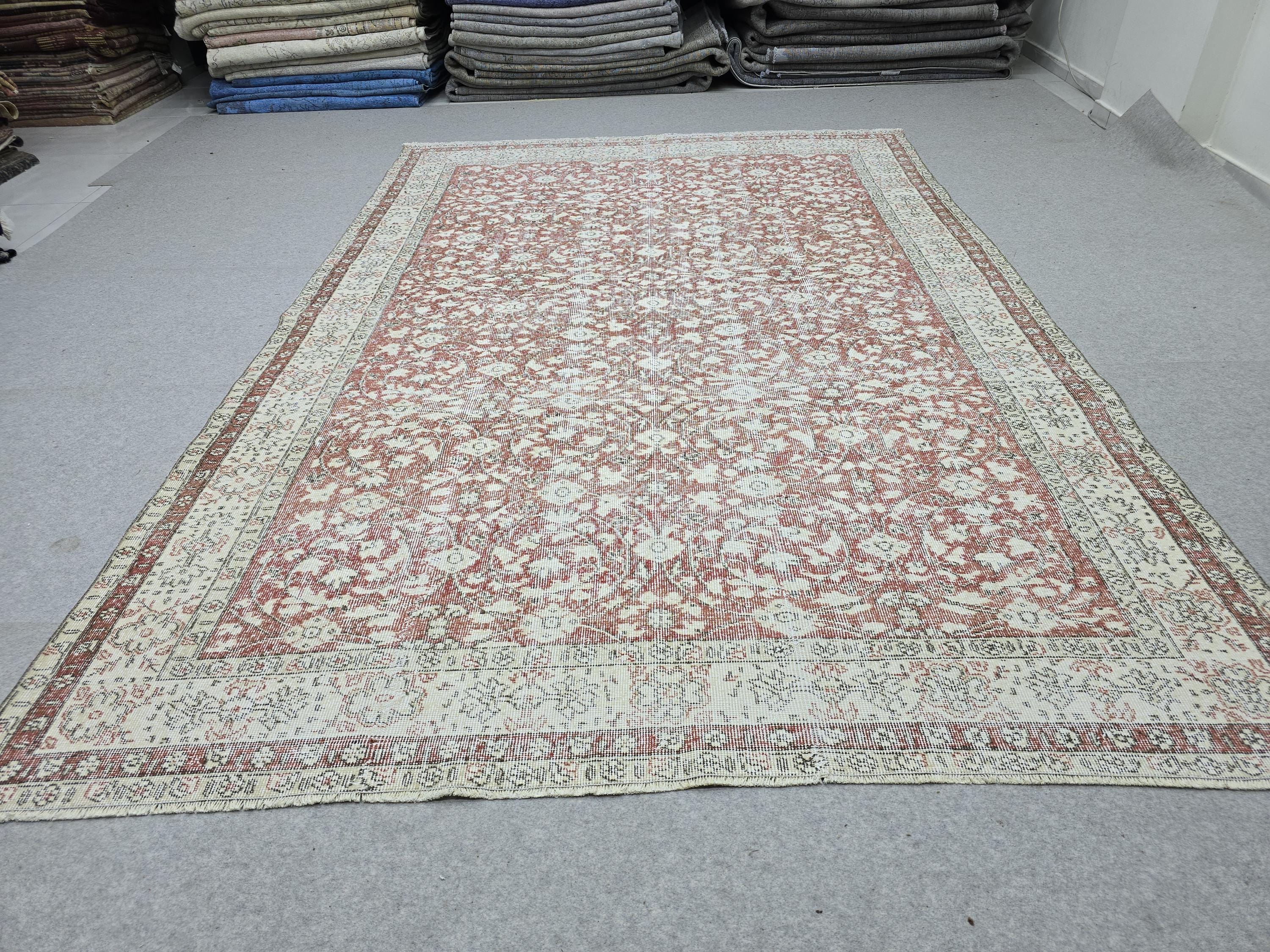 Hand Knotted Oushak Rug: 7x10 ft. Faded Muted terracotta red  Anatolian Carpet