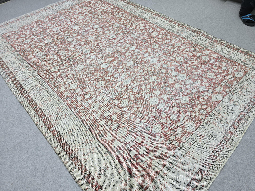 Hand Knotted Oushak Rug: 7x10 ft. Faded Muted terracotta red  Anatolian Carpet