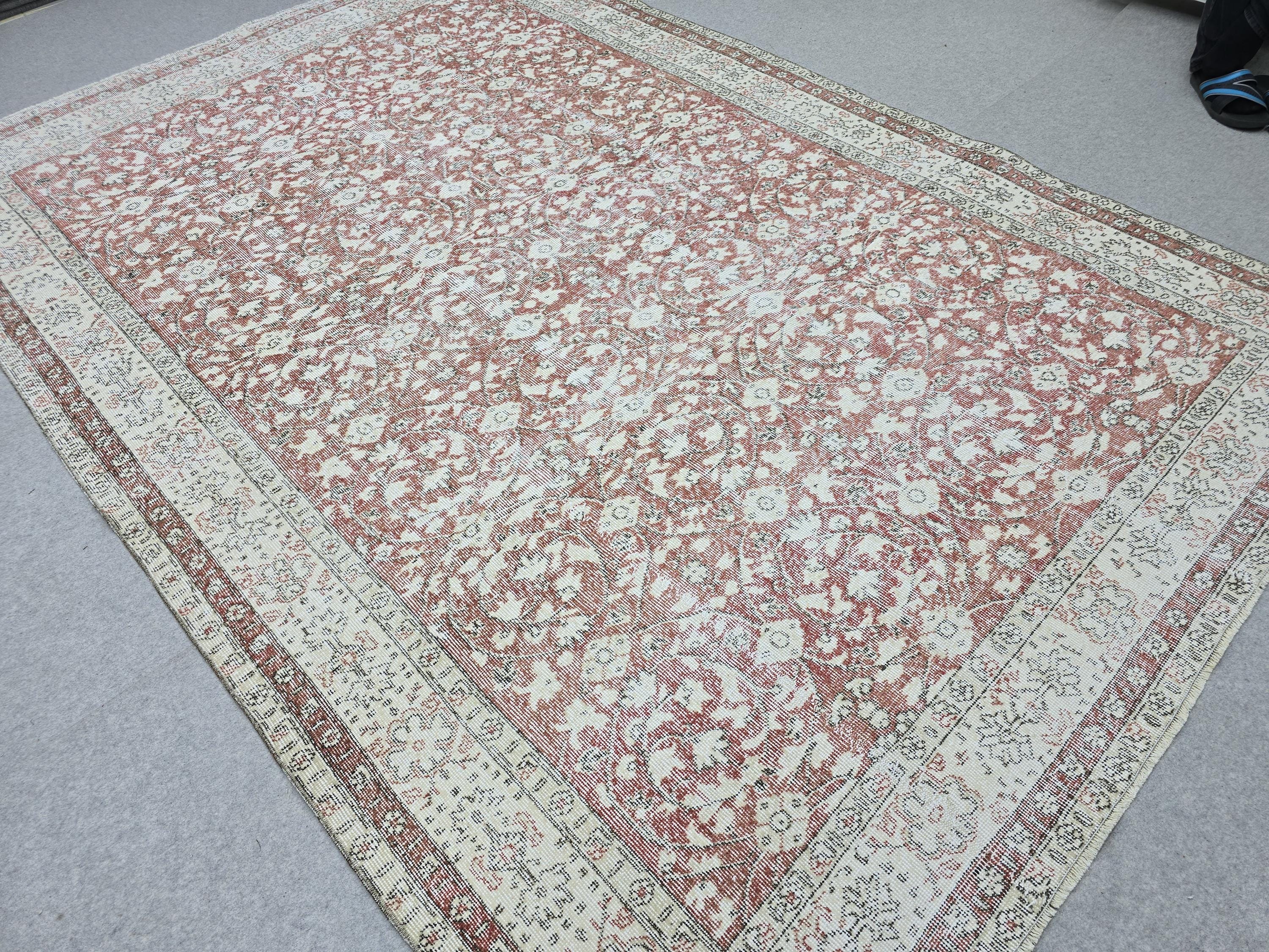 Hand Knotted Oushak Rug: 7x10 ft. Faded Muted terracotta red  Anatolian Carpet
