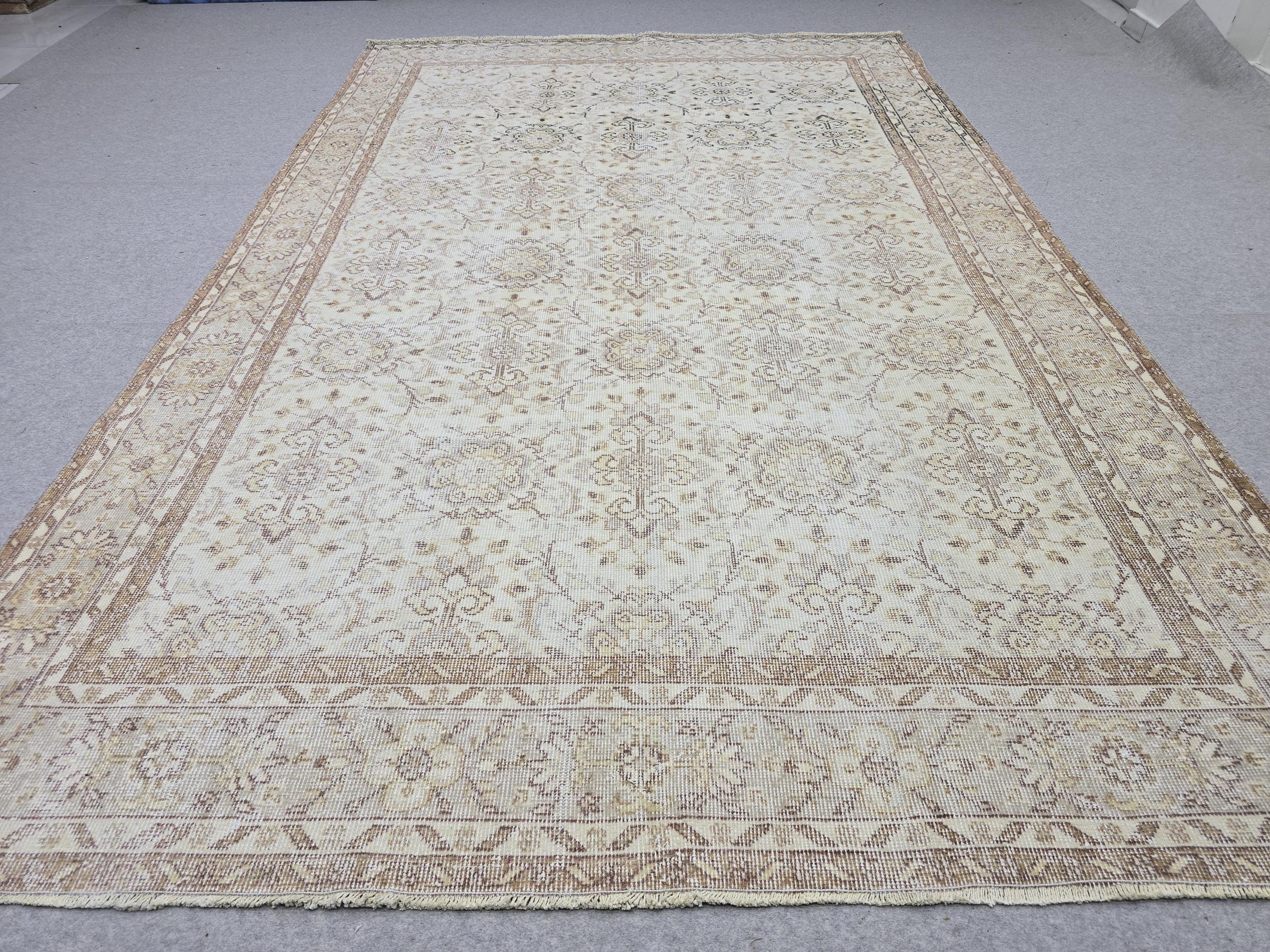 Vintage Turkish Oushak Rug 7x10, Muted Beige Cream Area Rug, Neutral Farmhouse Decor, Hand Knotted Antique Carpet, Boho Living Room Rug
