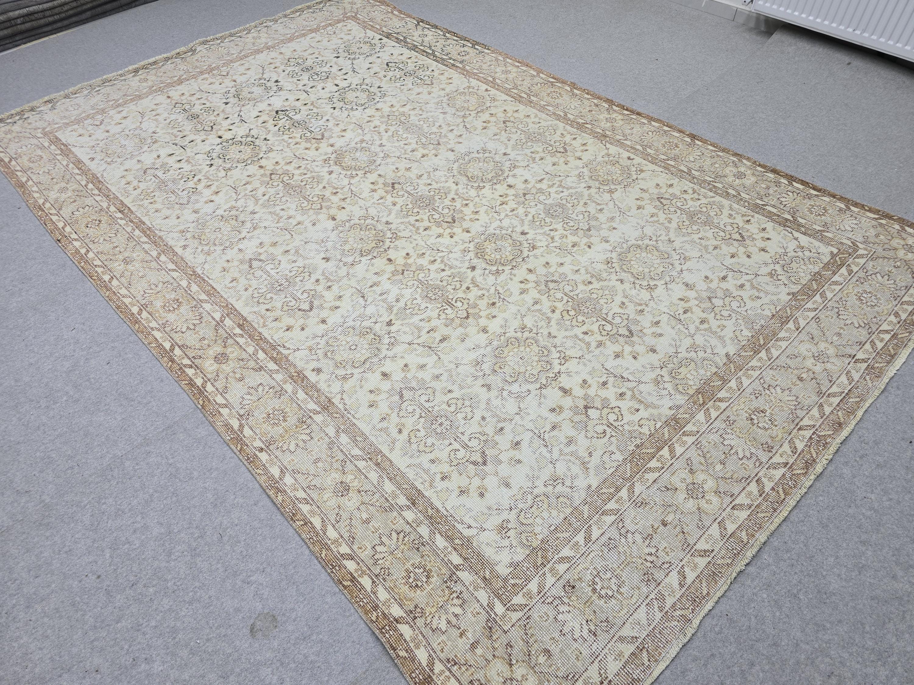 Vintage Turkish Oushak Rug 7x10, Muted Beige Cream Area Rug, Neutral Farmhouse Decor, Hand Knotted Antique Carpet, Boho Living Room Rug