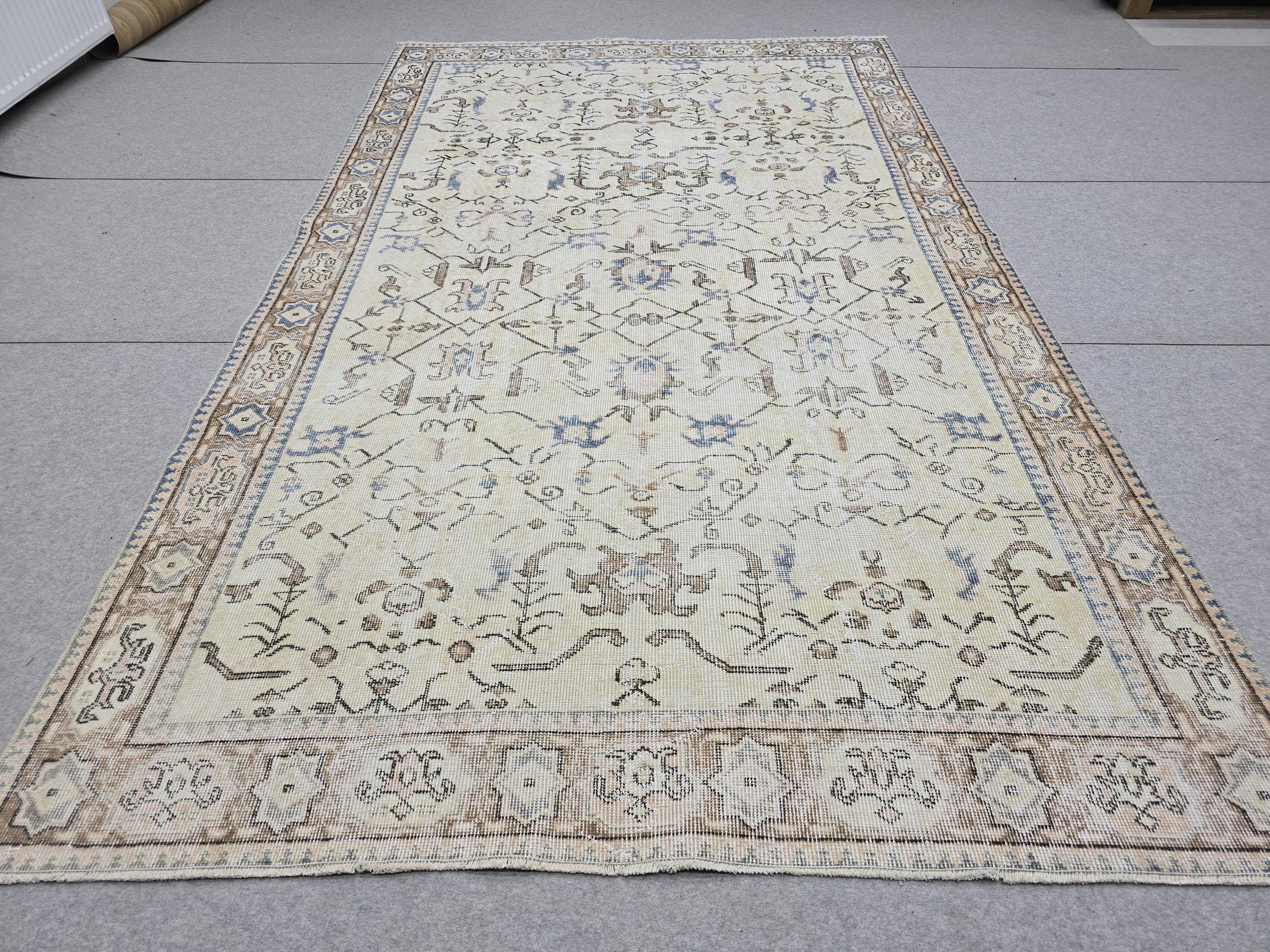 Vintage Turkish Oushak Rug 6x9, Muted Cream Blue Area Rug, Neutral Boho Farmhouse Decor, Hand Knotted Antique Floral Carpet