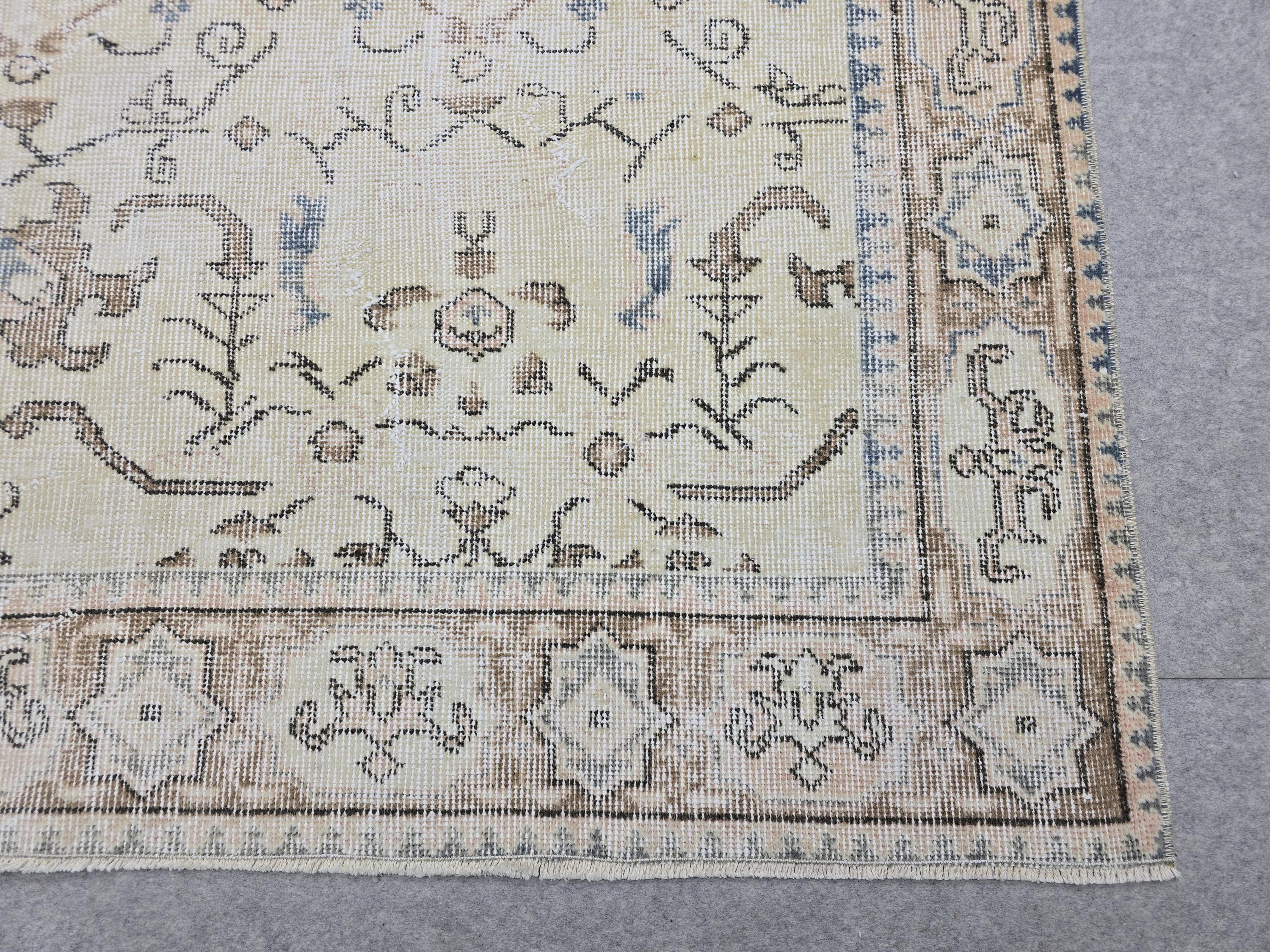 Vintage Turkish Oushak Rug 6x9, Muted Cream Blue Area Rug, Neutral Boho Farmhouse Decor, Hand Knotted Antique Floral Carpet