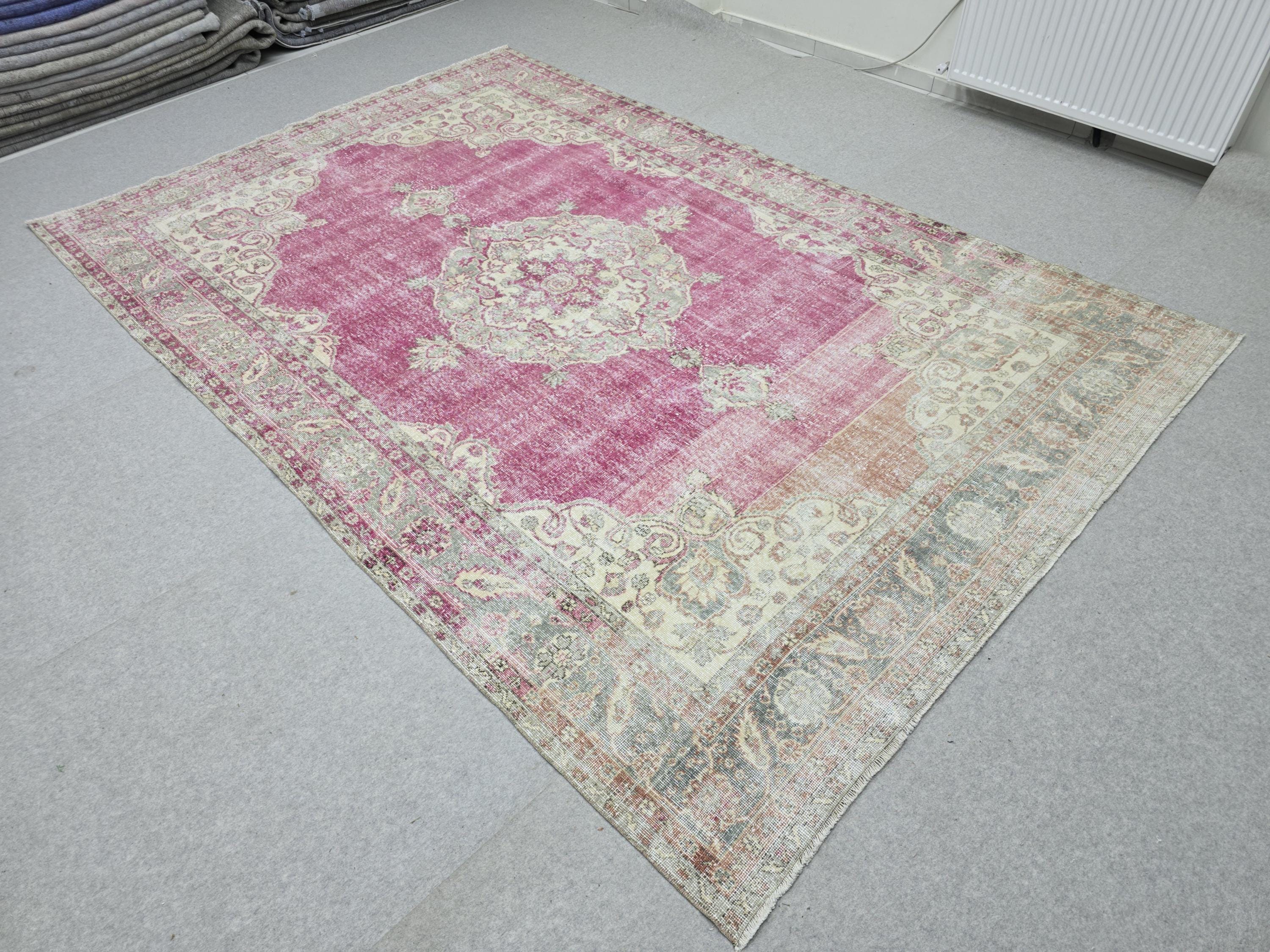 Vintage Turkish Oushak Rug: 7x11 Pink Floral Wool Carpet