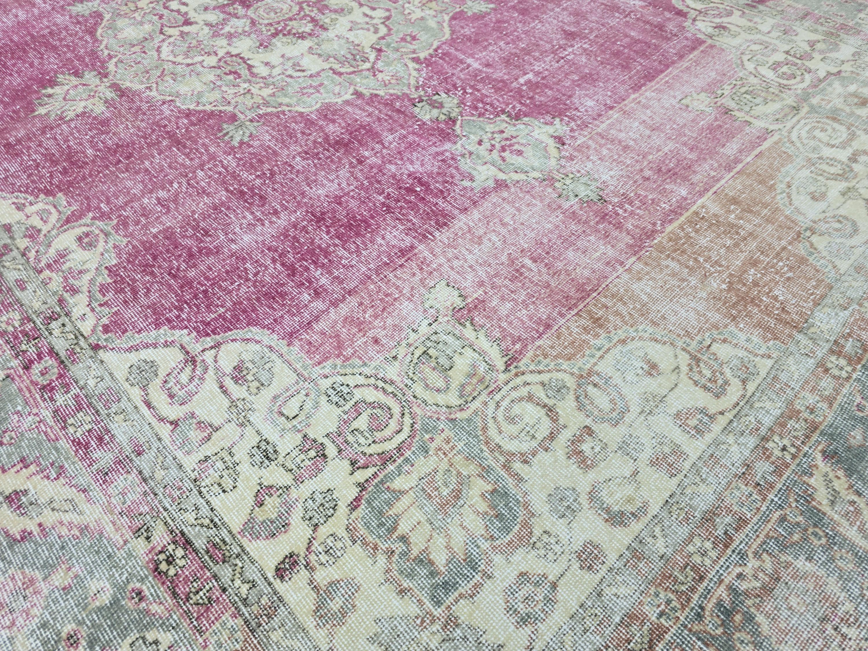 Vintage Turkish Oushak Rug: 7x11 Pink Floral Wool Carpet