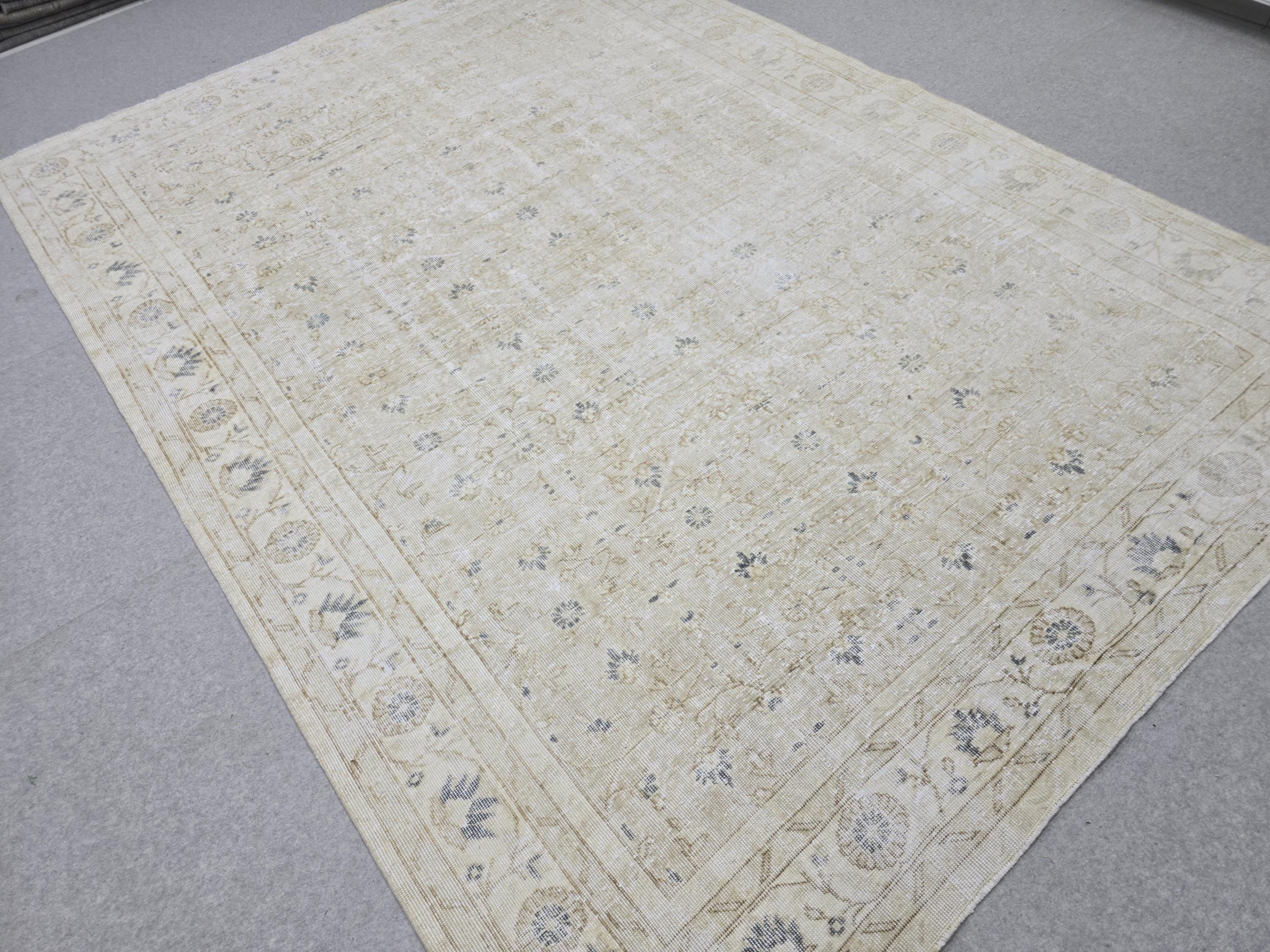 Vintage Rug 7x10, Cream Blue Floral Turkish Oushak Carpet, Muted Beige Handwoven Wool Rug for Living Room Bedroom