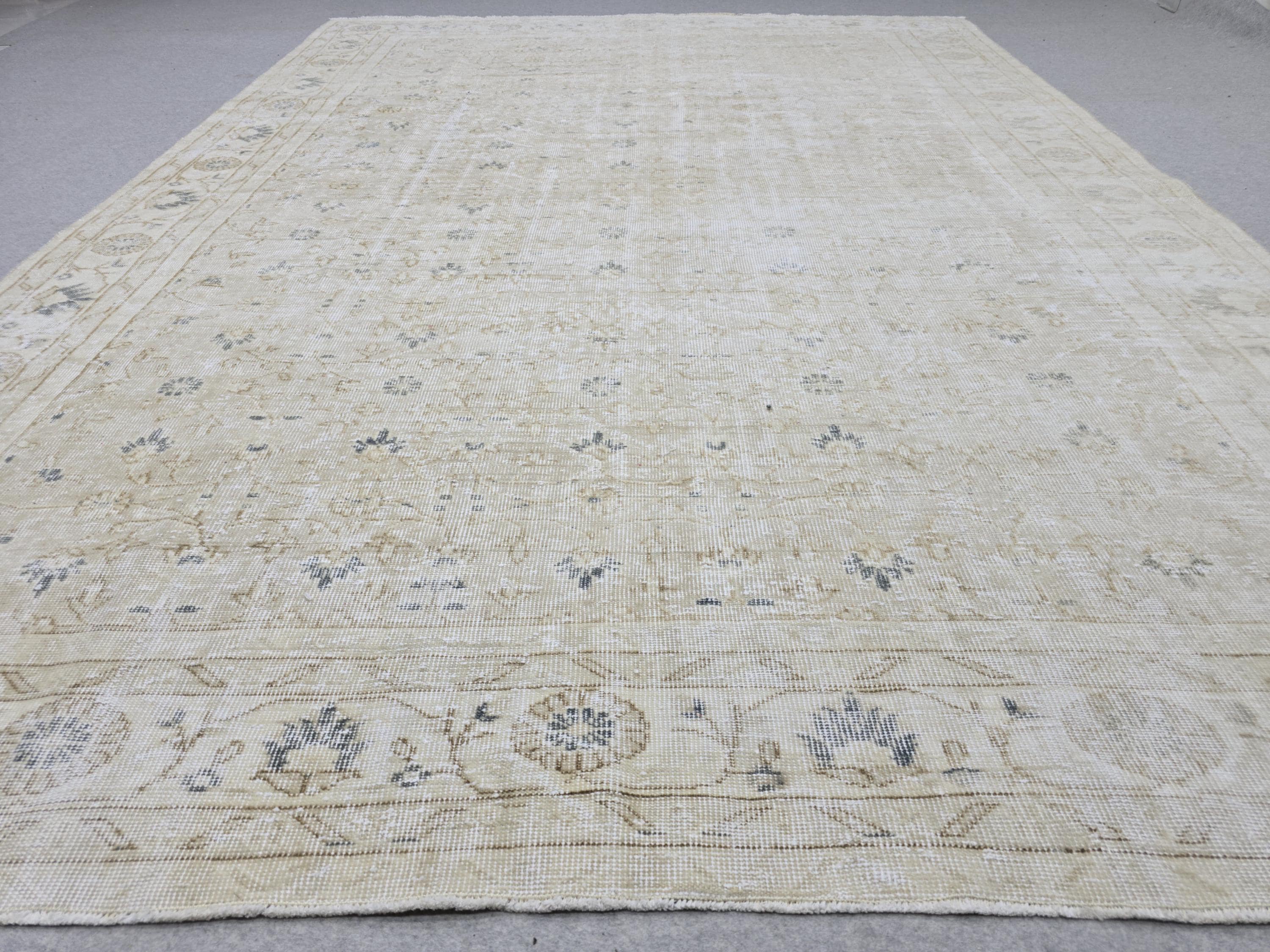 Vintage Rug 7x10, Cream Blue Floral Turkish Oushak Carpet, Muted Beige Handwoven Wool Rug for Living Room Bedroom
