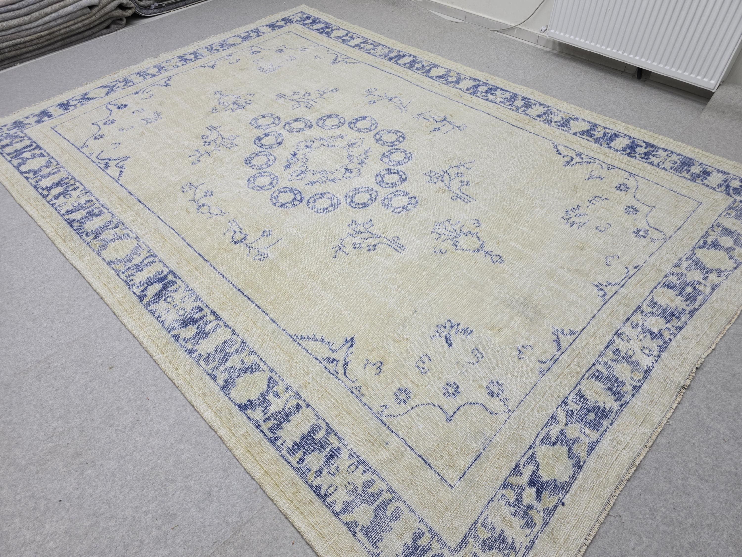 8x11 ft Hand-Knotted Turkish Oushak Rug: Neutral Wool Saloon Carpet Beige Blue