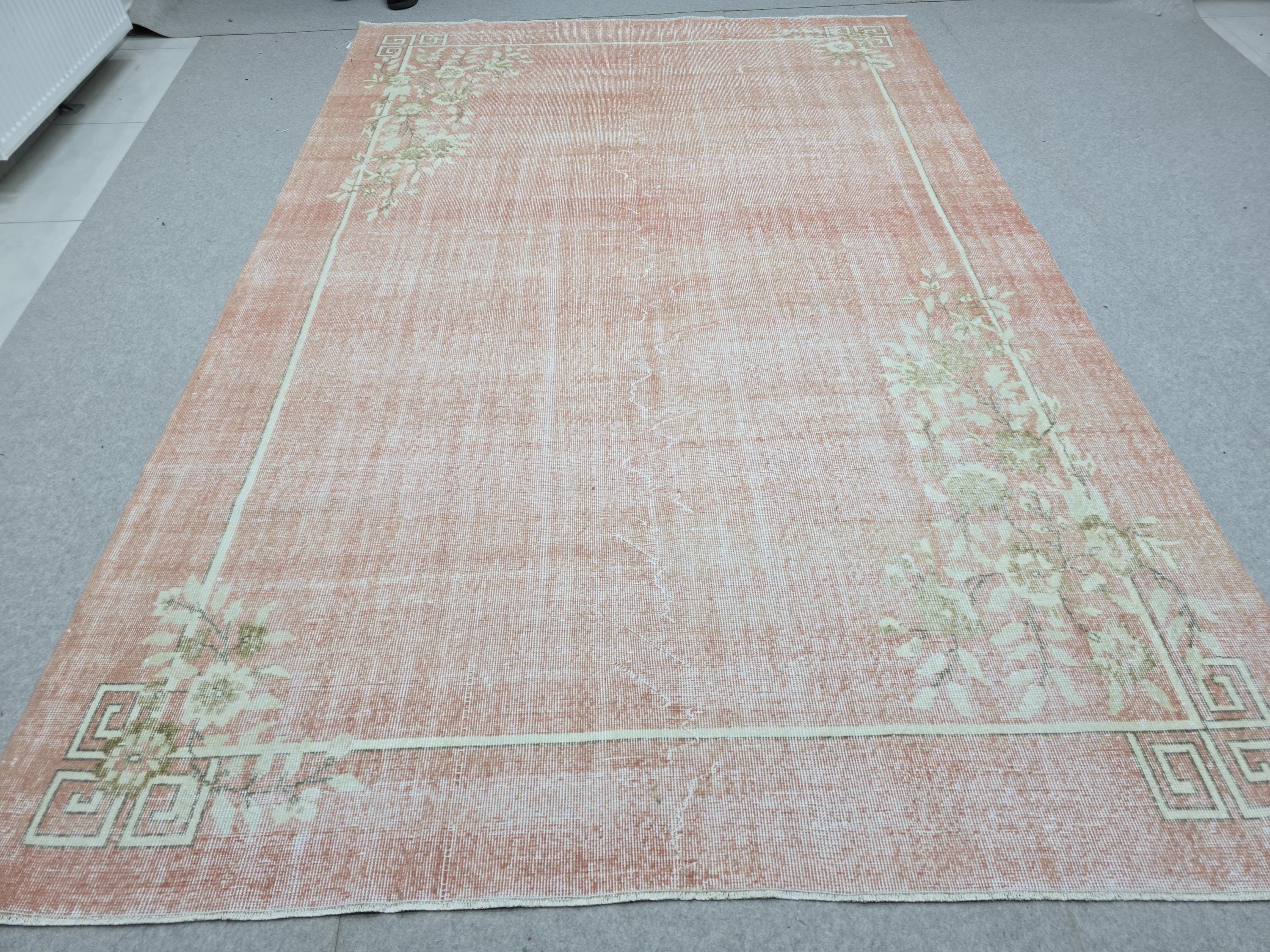 Vintage Rug 7x10, Faded Coral Pink Turkish Carpet, Art Deco Floral Area Rug for Bedroom, Hand Knotted Wool Oushak