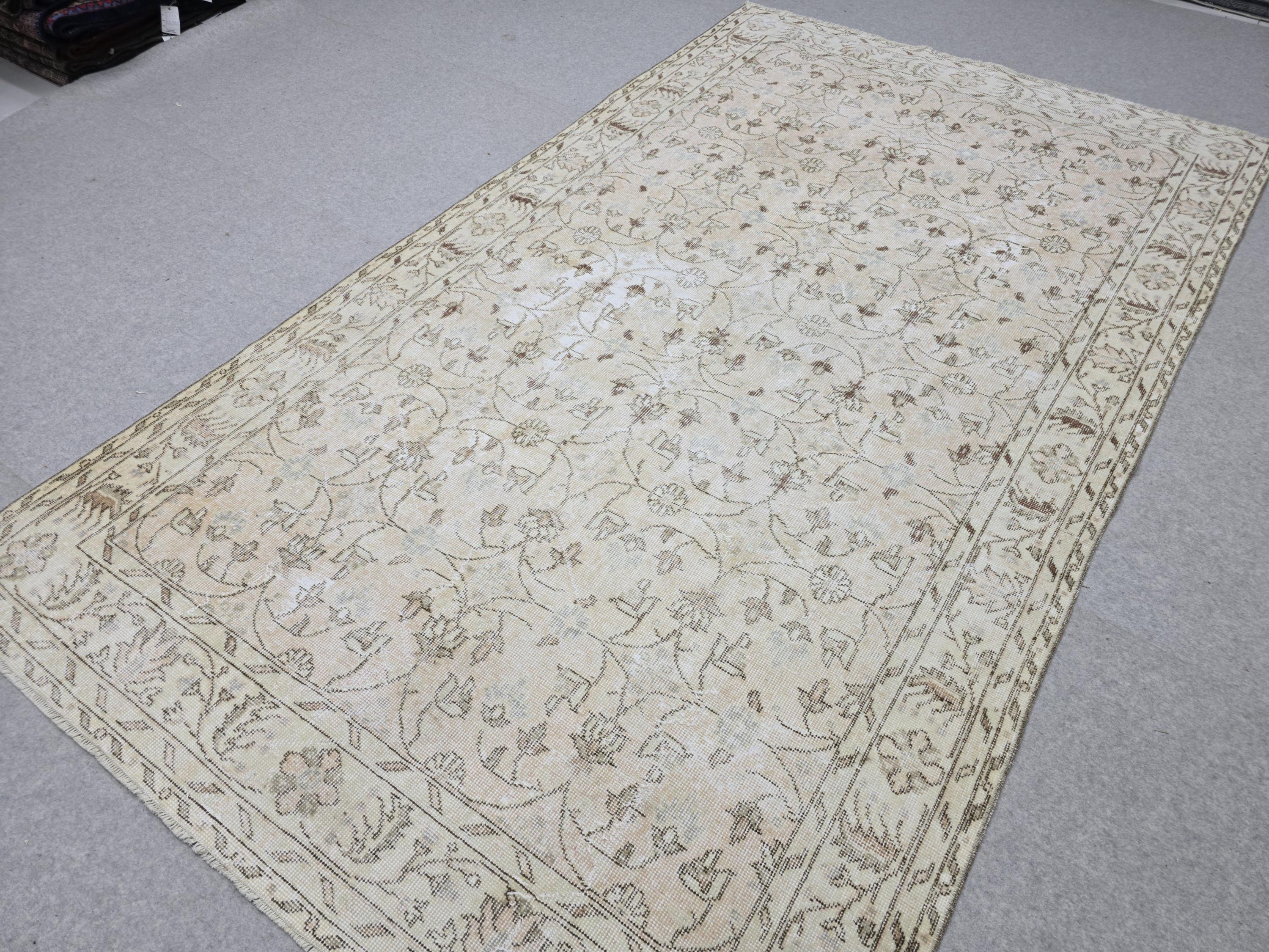 Vintage Rug 6x10 Neutral Beige Floral, Hand Knotted Turkish Area Carpet for Living Room Decor