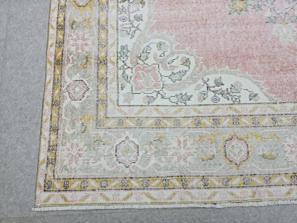 Muted Pink Vintage Oushak Rug 6'5"x9'8" | Neutral Turkish Area Rug Faded Boho Living Room