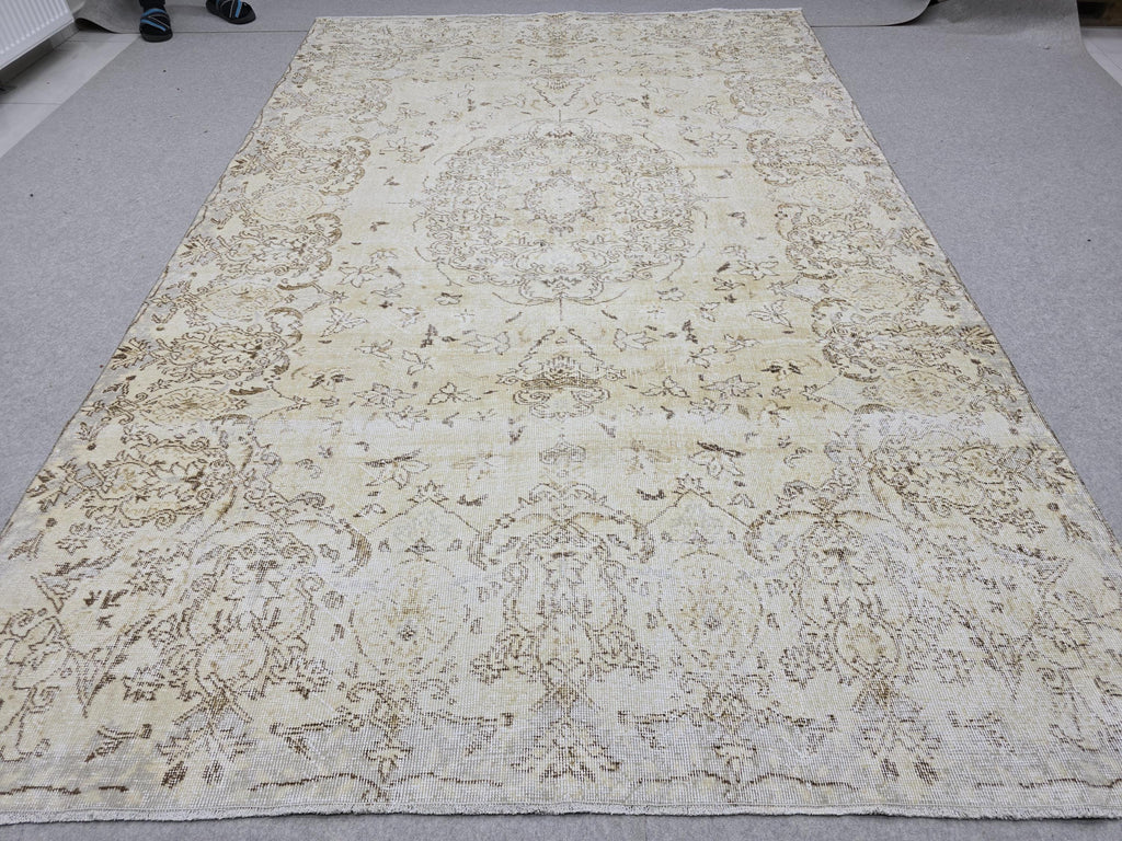 7x10 Oushak Rug Neutral Beige | Vintage Turkish Wool Medallion | Cream Living Room Carpet