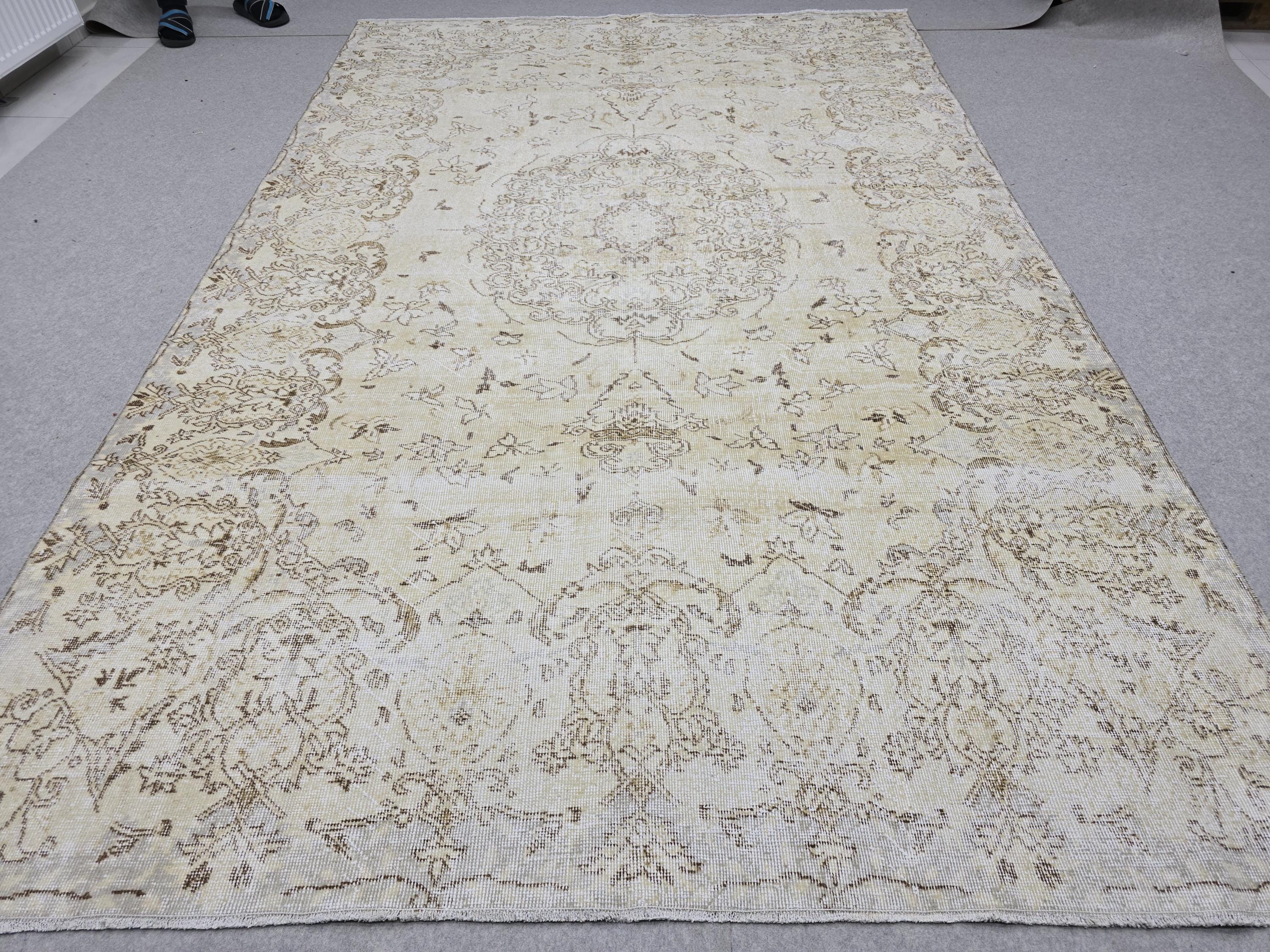 7x10 Oushak Rug Neutral Beige | Vintage Turkish Wool Medallion | Cream Living Room Carpet