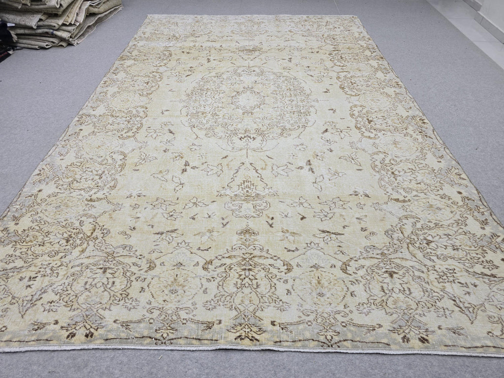 7x10 Oushak Rug Neutral Beige | Vintage Turkish Wool Medallion | Cream Living Room Carpet