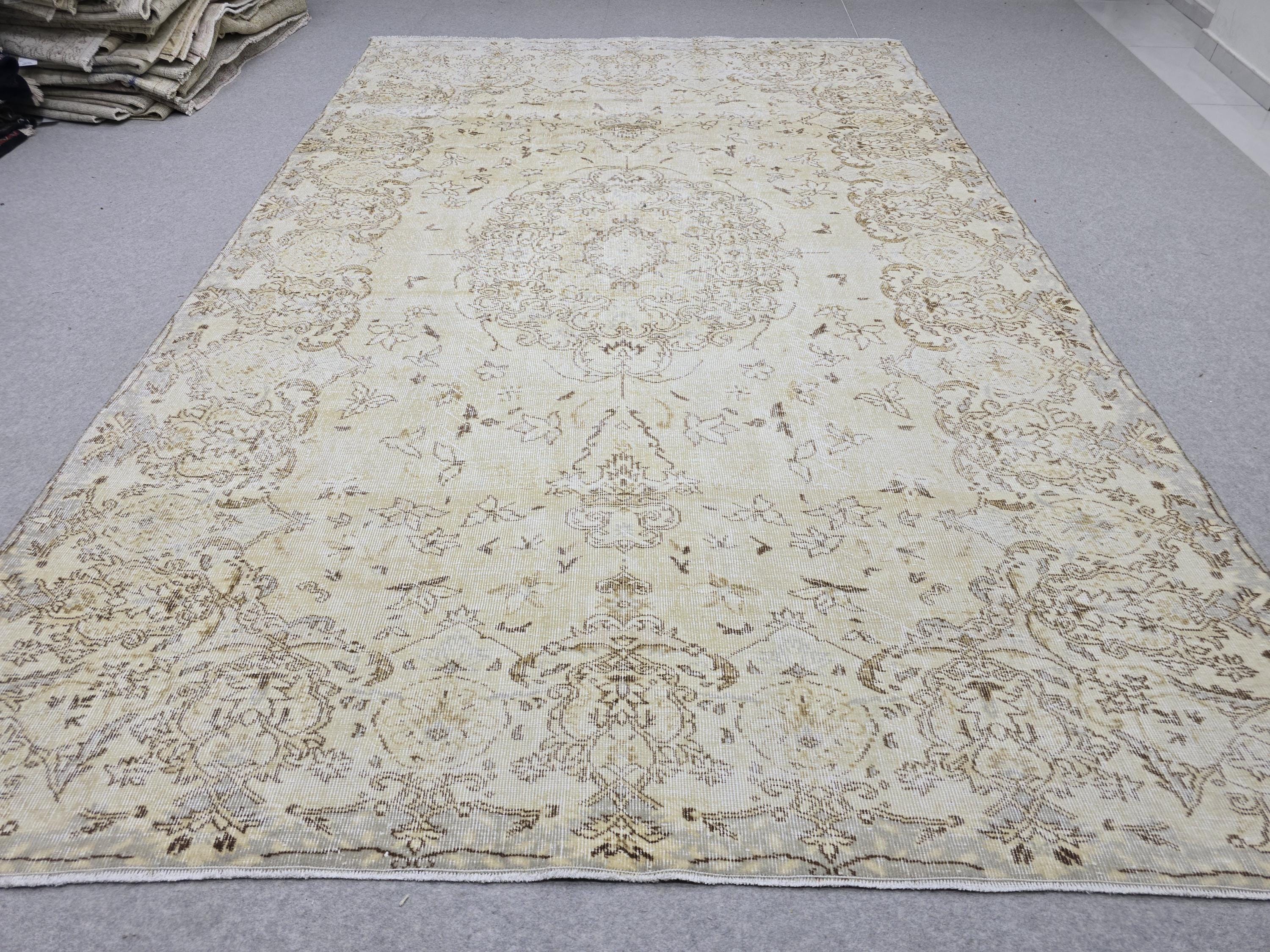 7x10 Oushak Rug Neutral Beige | Vintage Turkish Wool Medallion | Cream Living Room Carpet