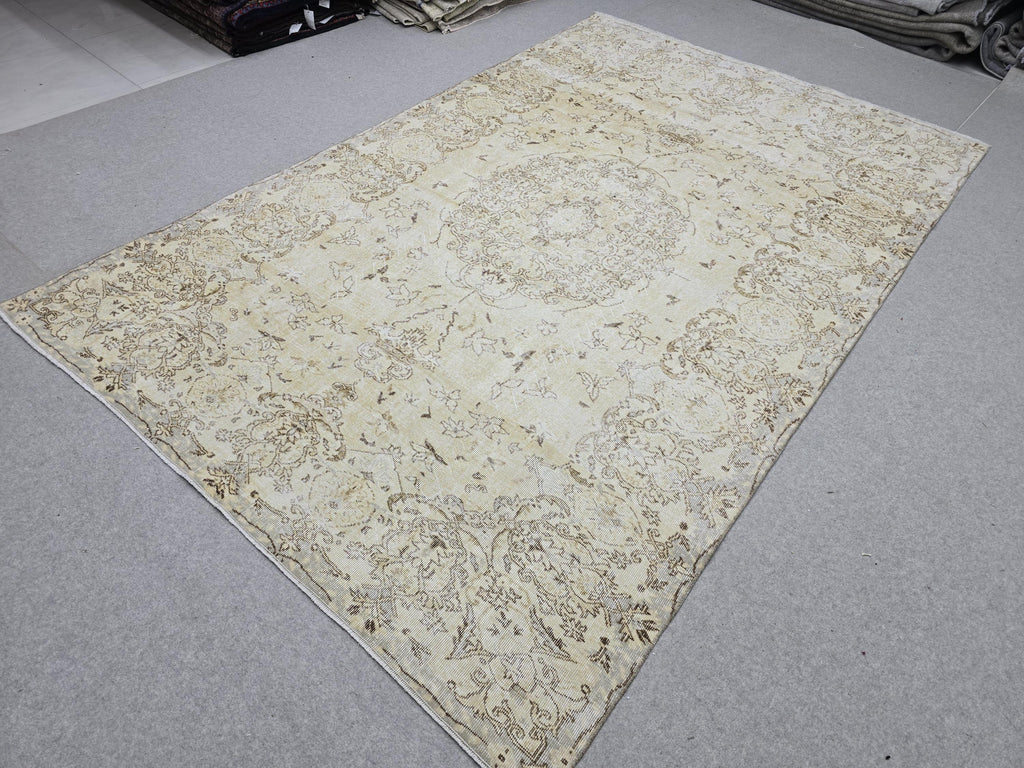 7x10 Oushak Rug Neutral Beige | Vintage Turkish Wool Medallion | Cream Living Room Carpet