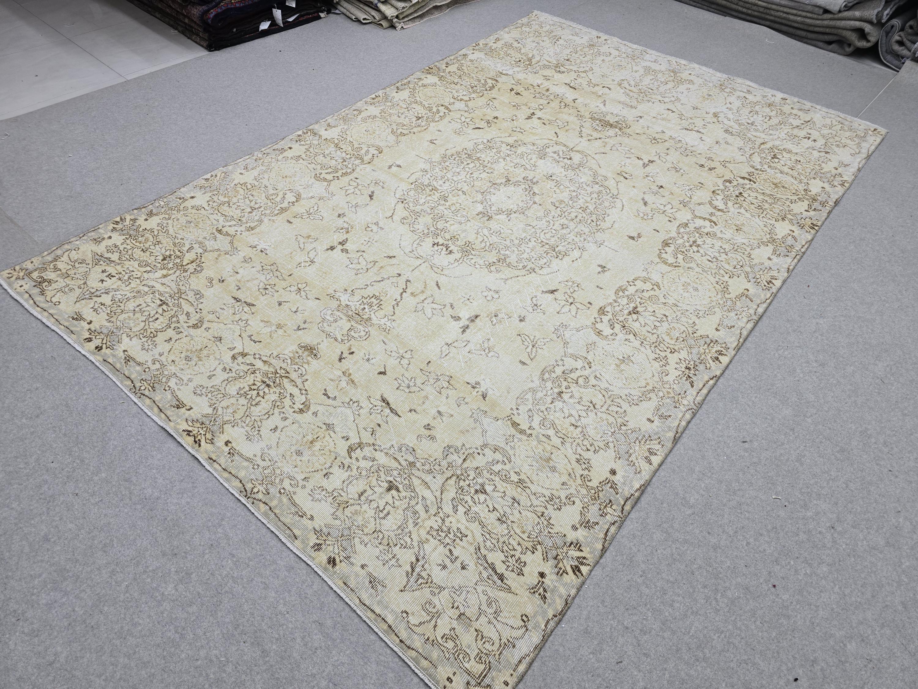 7x10 Oushak Rug Neutral Beige | Vintage Turkish Wool Medallion | Cream Living Room Carpet
