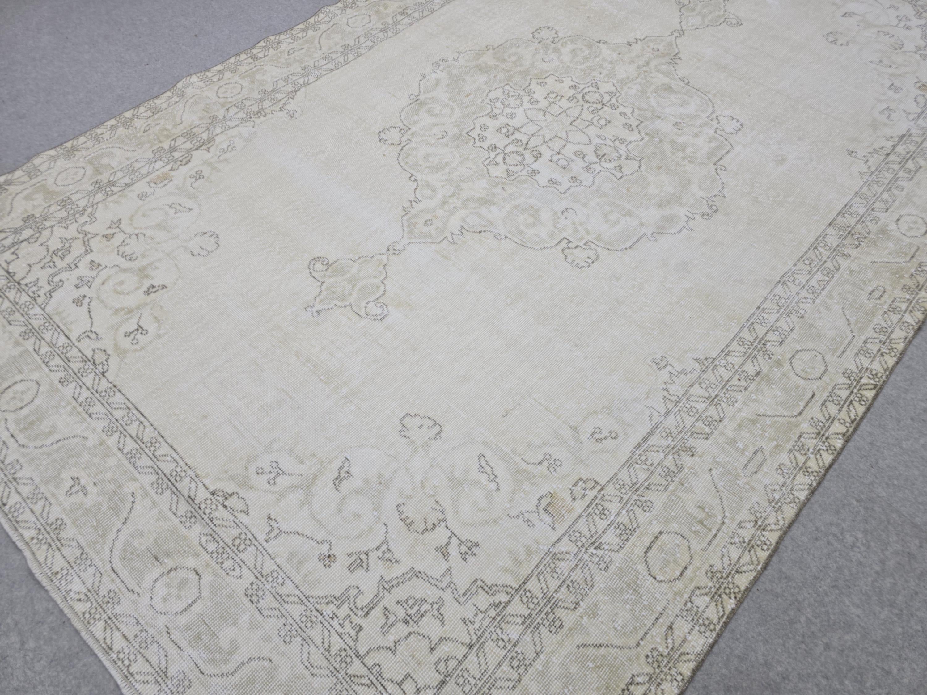 7x11 Oushak Rug Neutral Cream Beige, Vintage Turkish Area Rug for Living Room, Muted Faded Medallion Carpet for Bedroom Farmhouse Decor