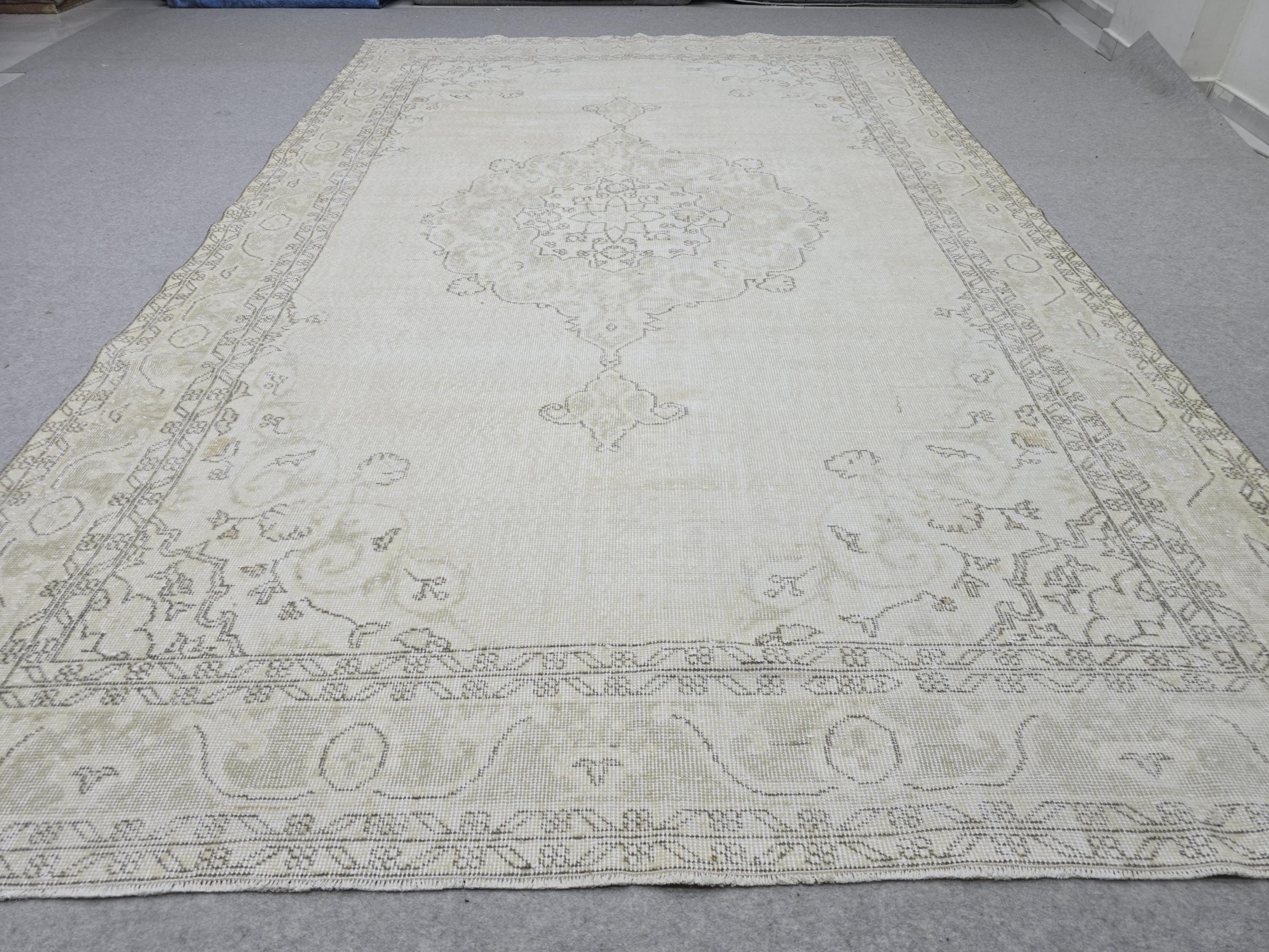 7x11 Oushak Rug Neutral Cream Beige, Vintage Turkish Area Rug for Living Room, Muted Faded Medallion Carpet for Bedroom Farmhouse Decor