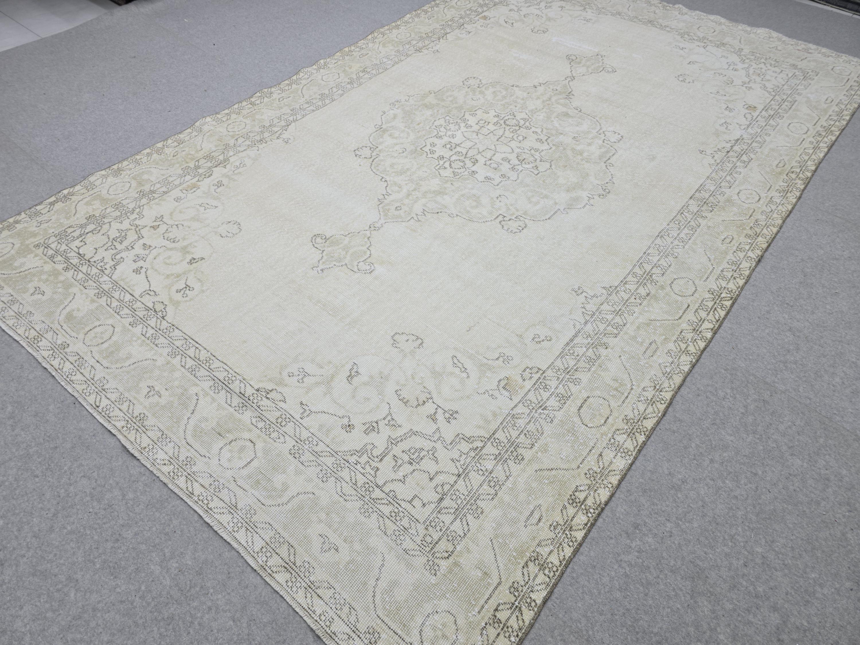 7x11 Oushak Rug Neutral Cream Beige, Vintage Turkish Area Rug for Living Room, Muted Faded Medallion Carpet for Bedroom Farmhouse Decor