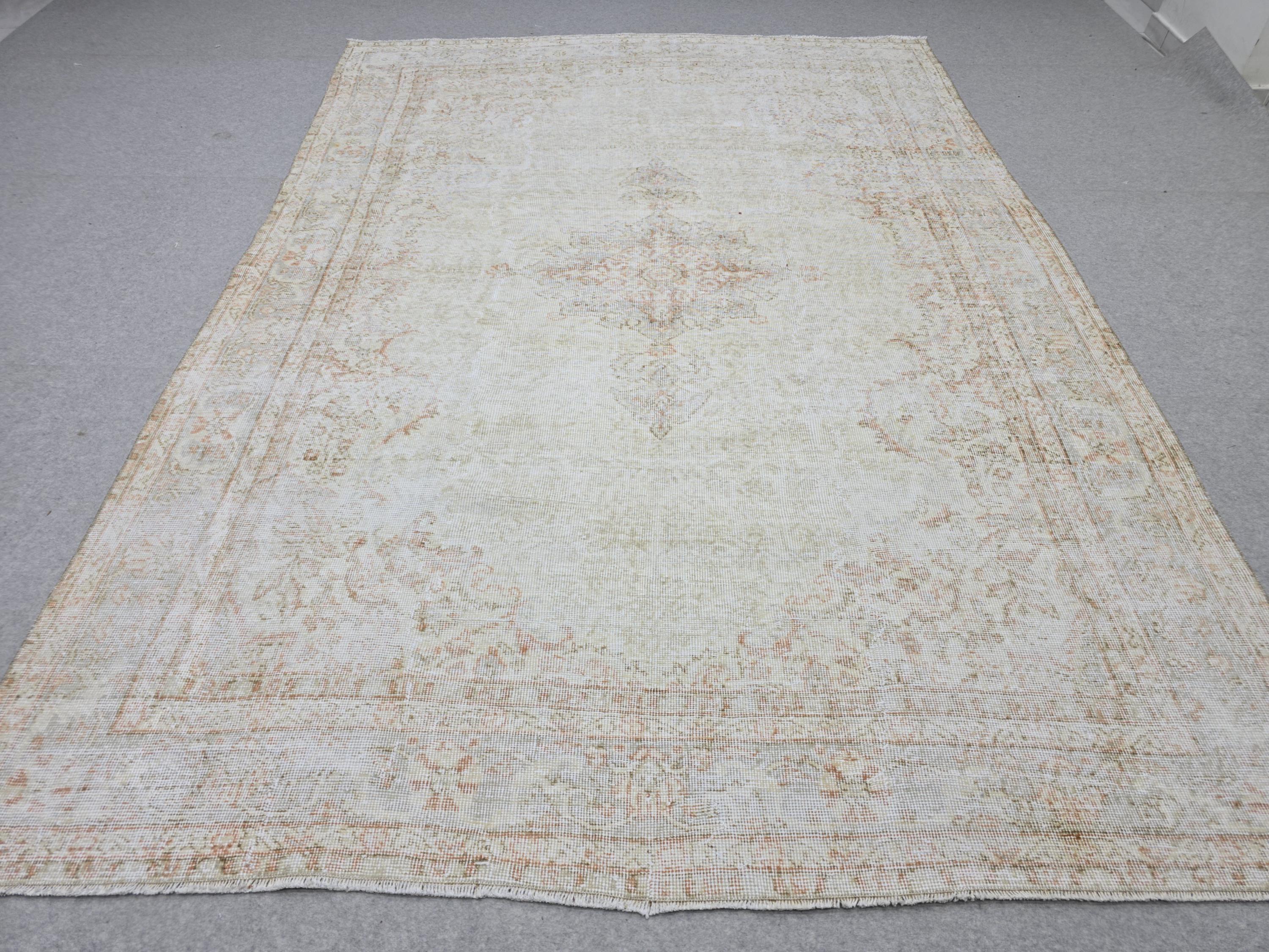 Turkish Wool Rug 7x10, Ivory Cream Medallion, Distressed Neutral Carpet