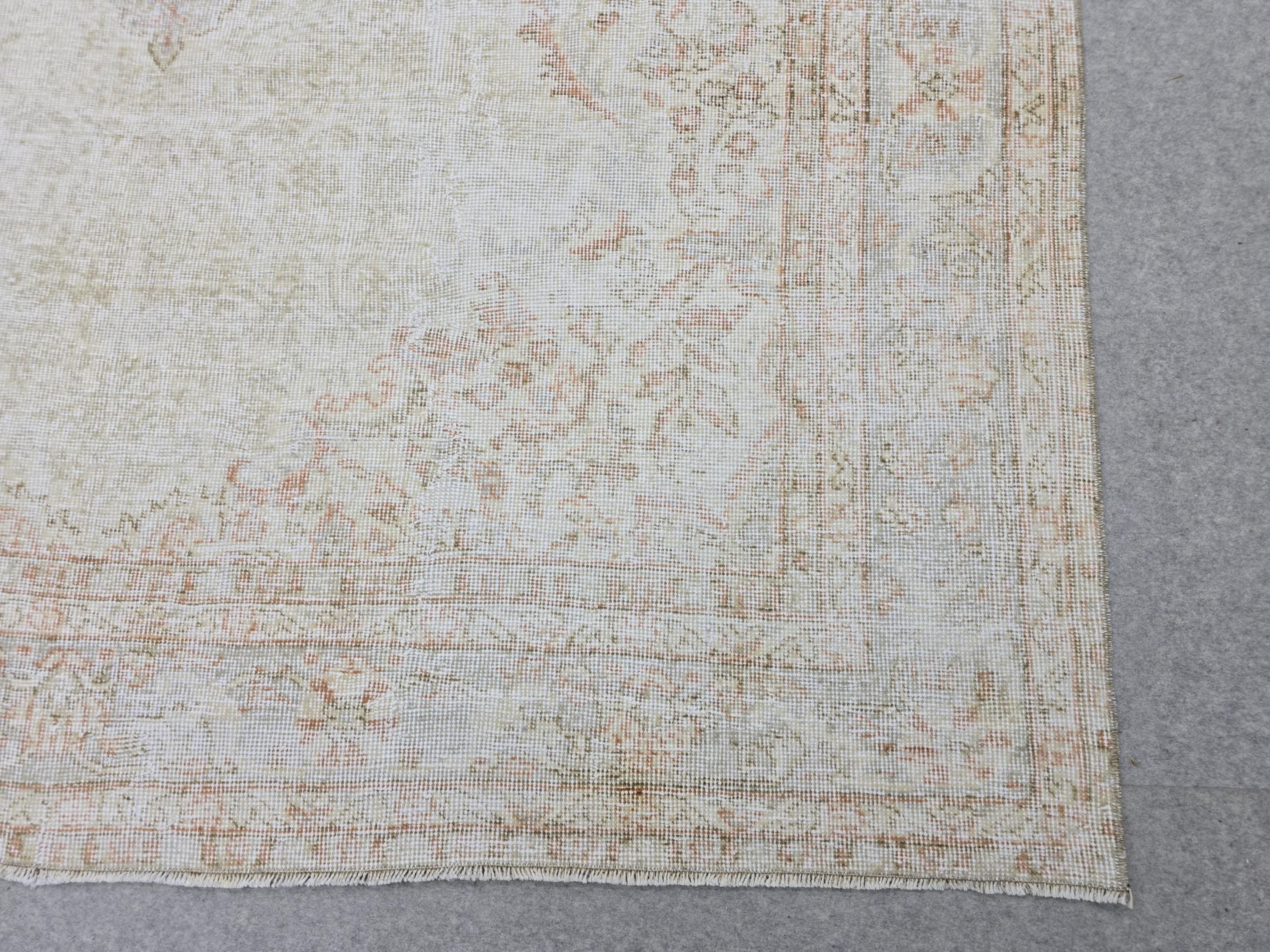 Turkish Wool Rug 7x10, Ivory Cream Medallion, Distressed Neutral Carpet