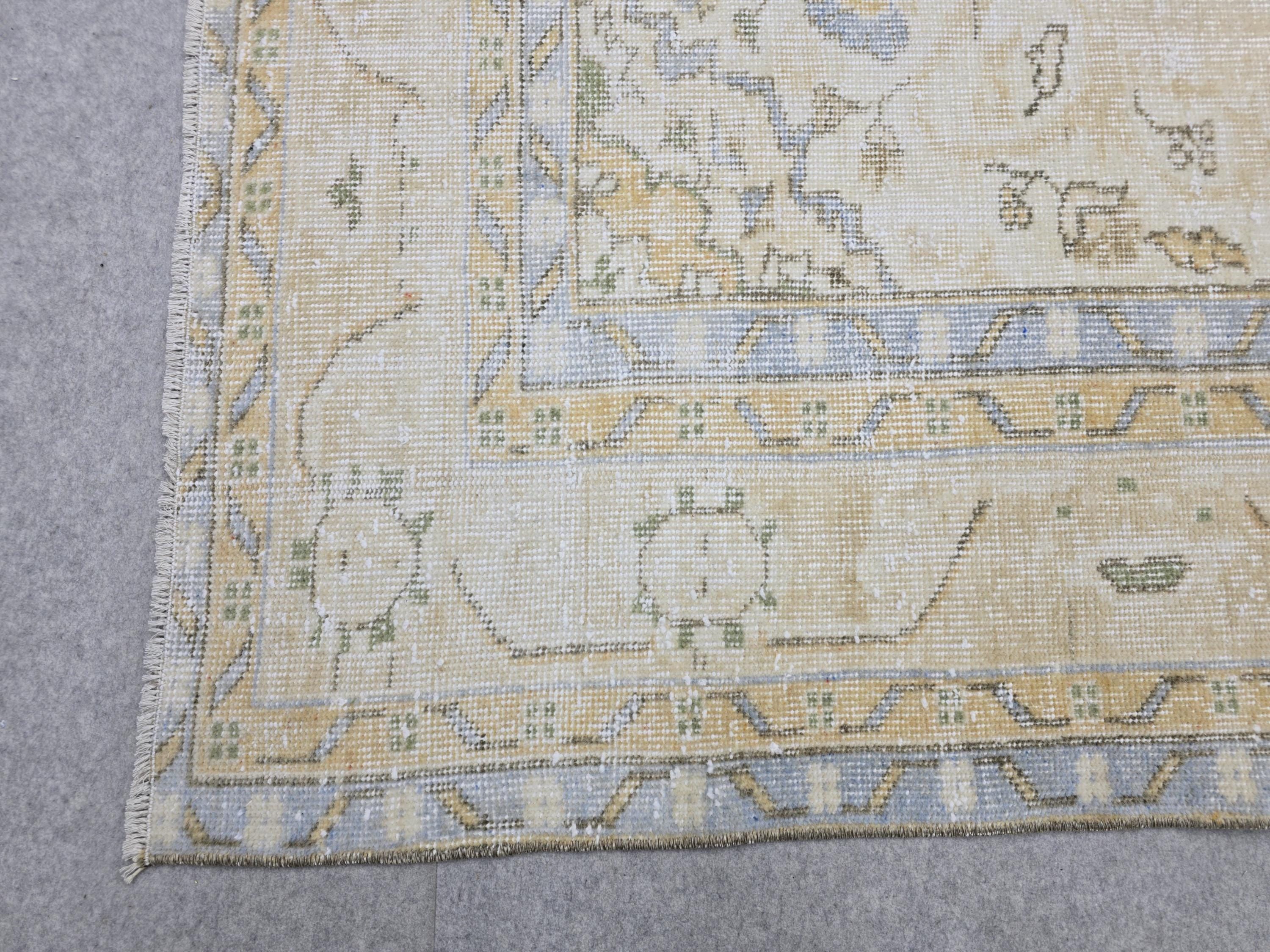 Vintage Turkish Oushak Rug 7x10, Cream Floral Wool Carpet