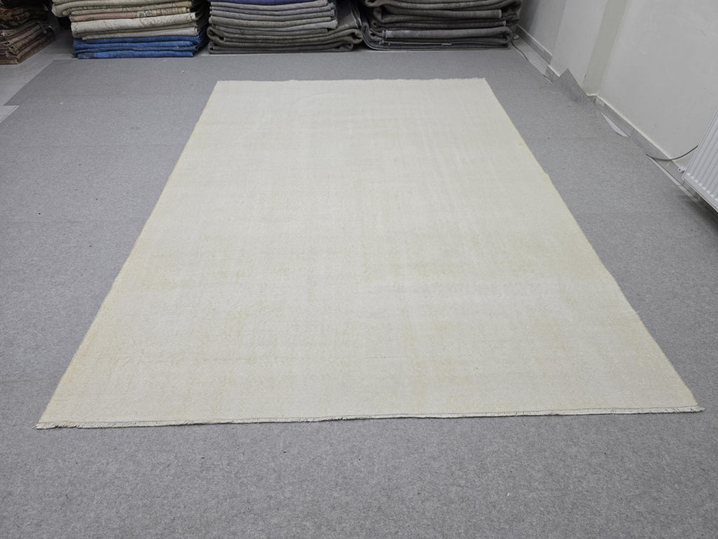 7x10 feet Wool Turkish Oushak Rug: Handknotted Vintage Wool, Muted Neutral