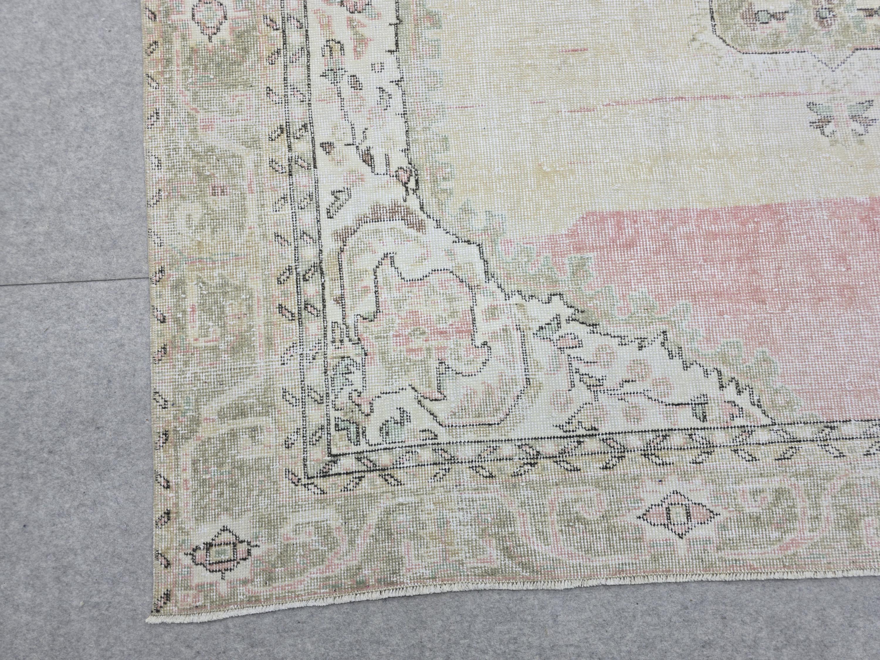 Oushak Rug 7x10, Neutral Beige Turkish Wool Carpet, Vintage Hand Knotted Area Rug for Living Room, Muted Medallion Isparta, Farmhouse Decor