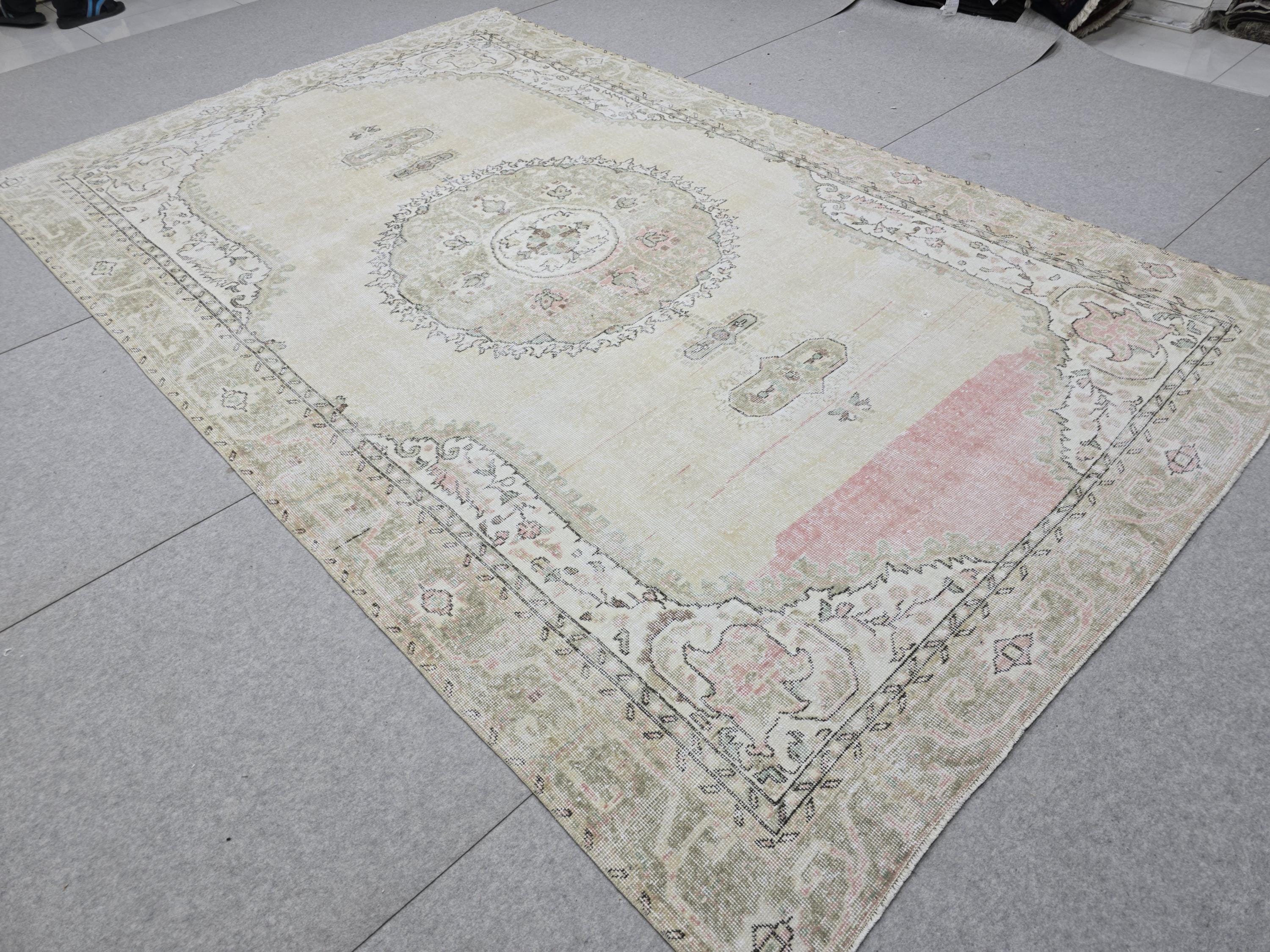 Oushak Rug 7x10, Neutral Beige Turkish Wool Carpet, Vintage Hand Knotted Area Rug for Living Room, Muted Medallion Isparta, Farmhouse Decor