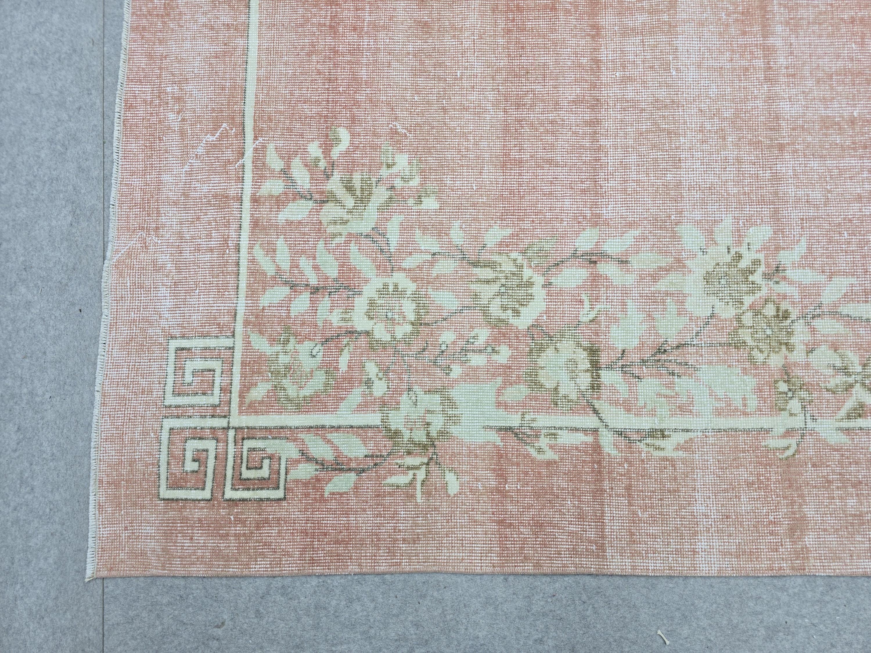 Vintage Rug 7x10, Faded Coral Pink Turkish Carpet, Art Deco Floral Area Rug for Bedroom, Hand Knotted Wool Oushak