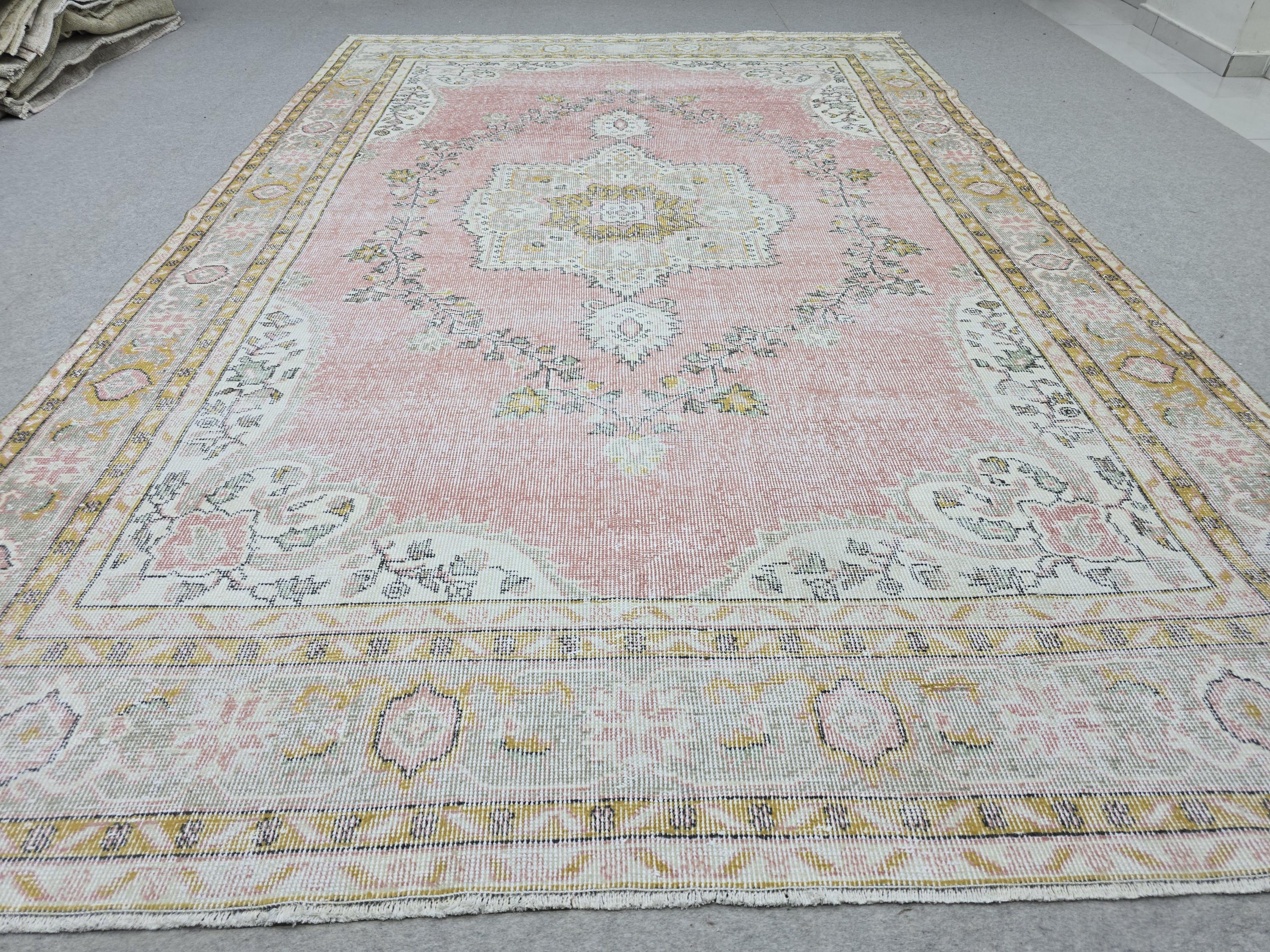 Muted Pink Vintage Oushak Rug 6'5"x9'8" | Neutral Turkish Area Rug Faded Boho Living Room