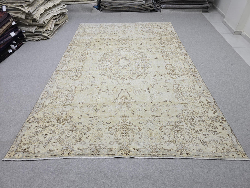 7x10 Oushak Rug Neutral Beige | Vintage Turkish Wool Medallion | Cream Living Room Carpet