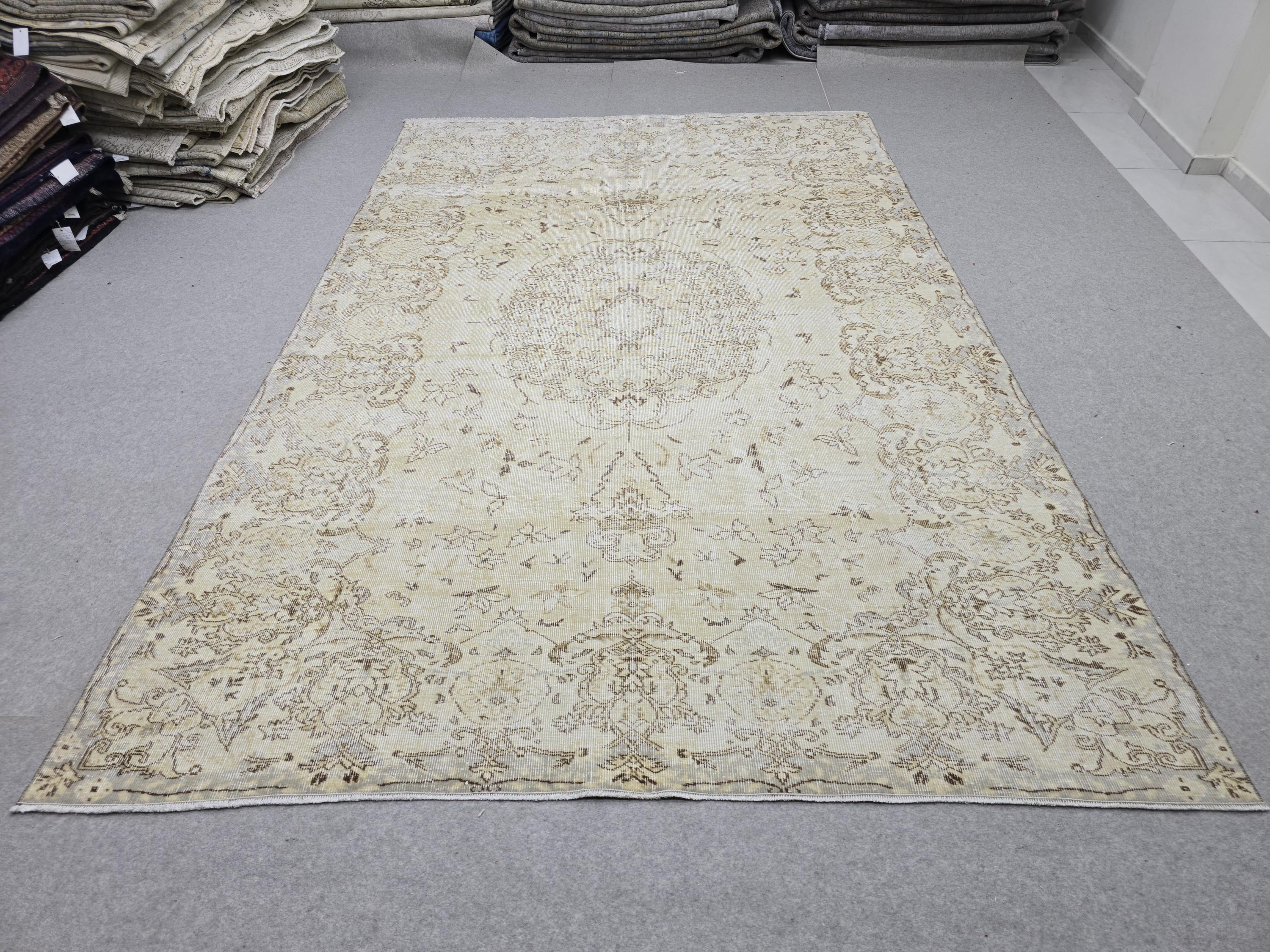 7x10 Oushak Rug Neutral Beige | Vintage Turkish Wool Medallion | Cream Living Room Carpet