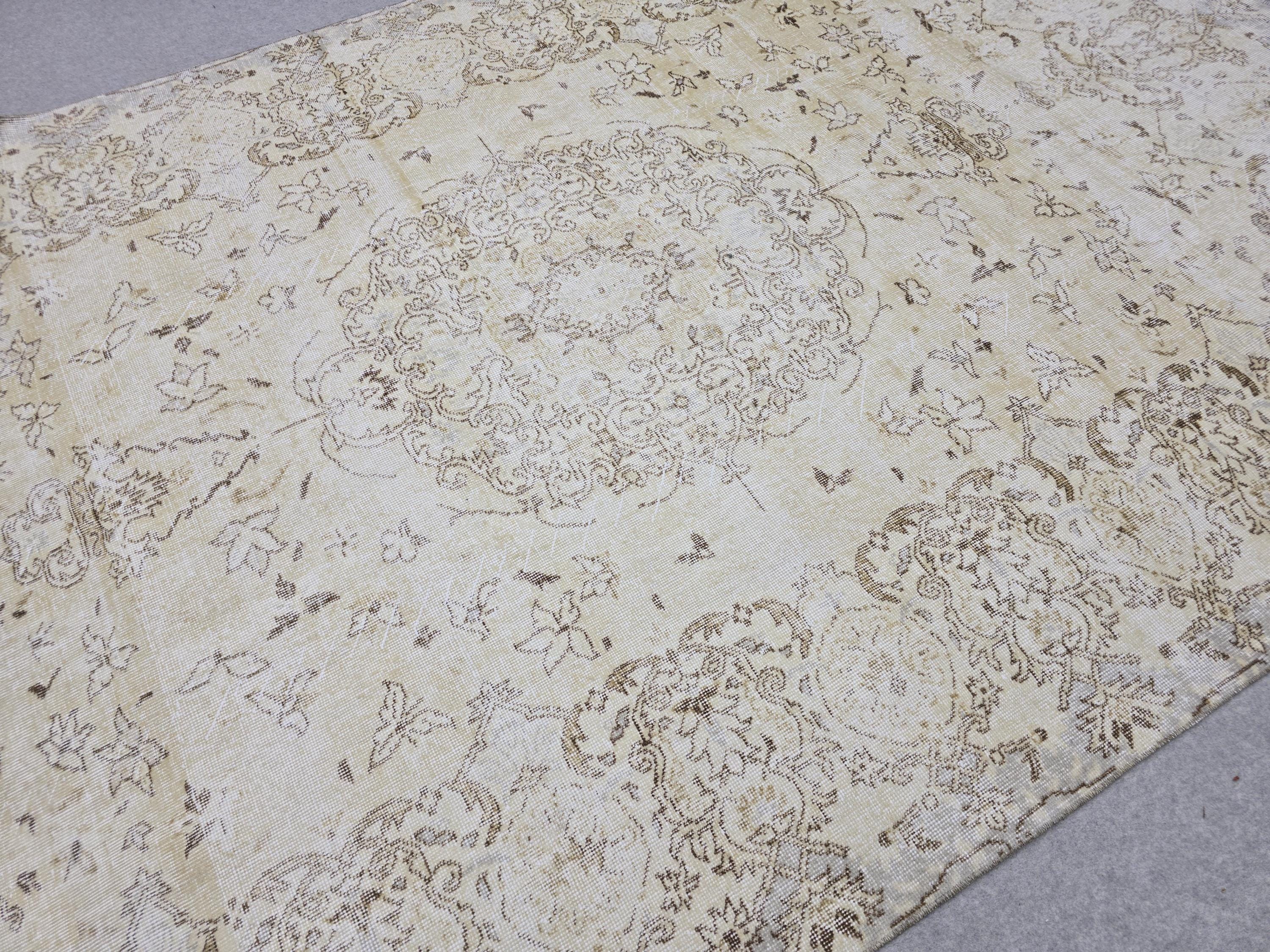 7x10 Oushak Rug Neutral Beige | Vintage Turkish Wool Medallion | Cream Living Room Carpet