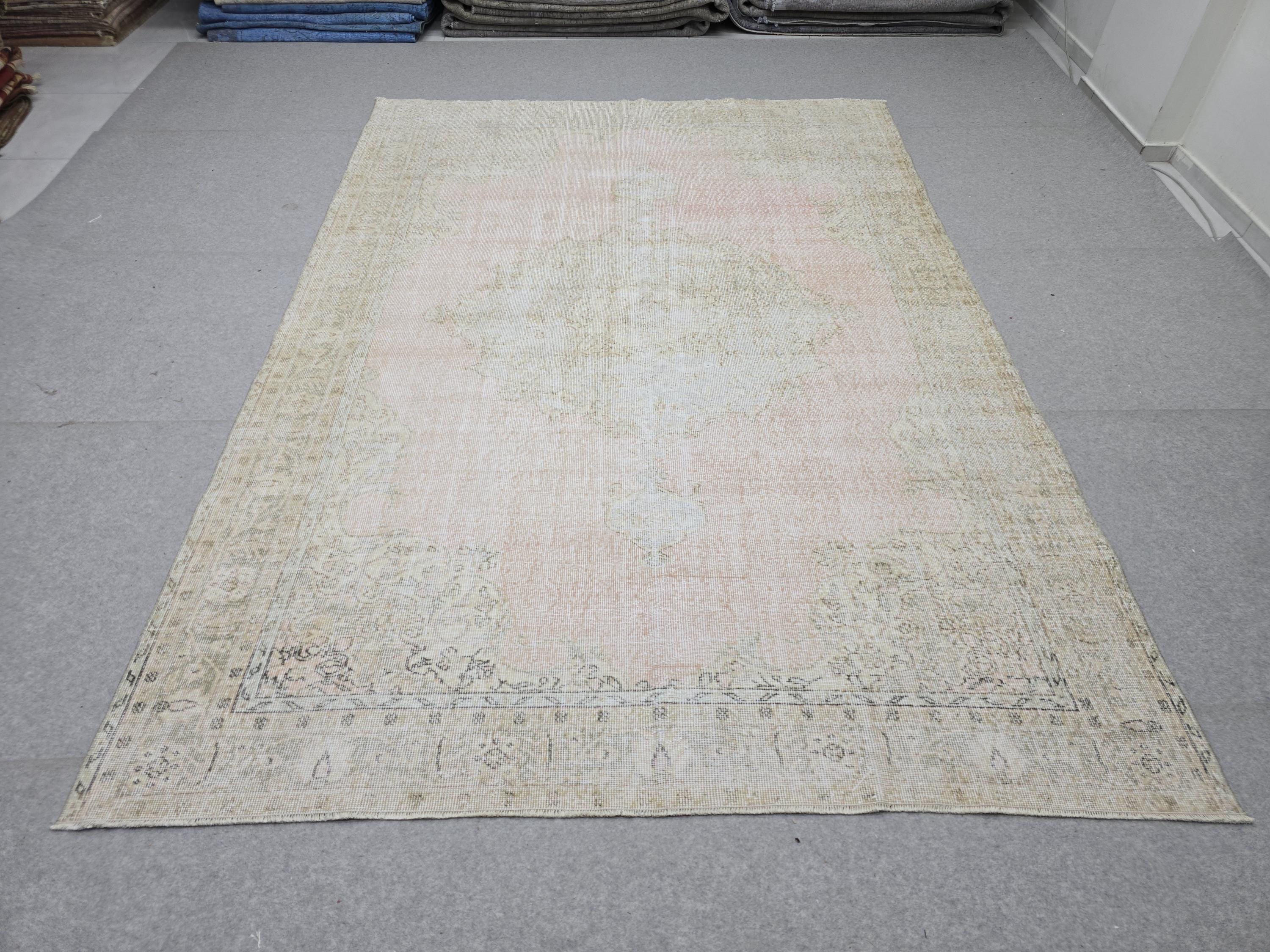 Oushak Rug 7x10, Muted Pink Beige Handwoven Turkish Carpet, Vintage Wool Area Rug for Living Room Bedroom Boho Farmhouse Decor