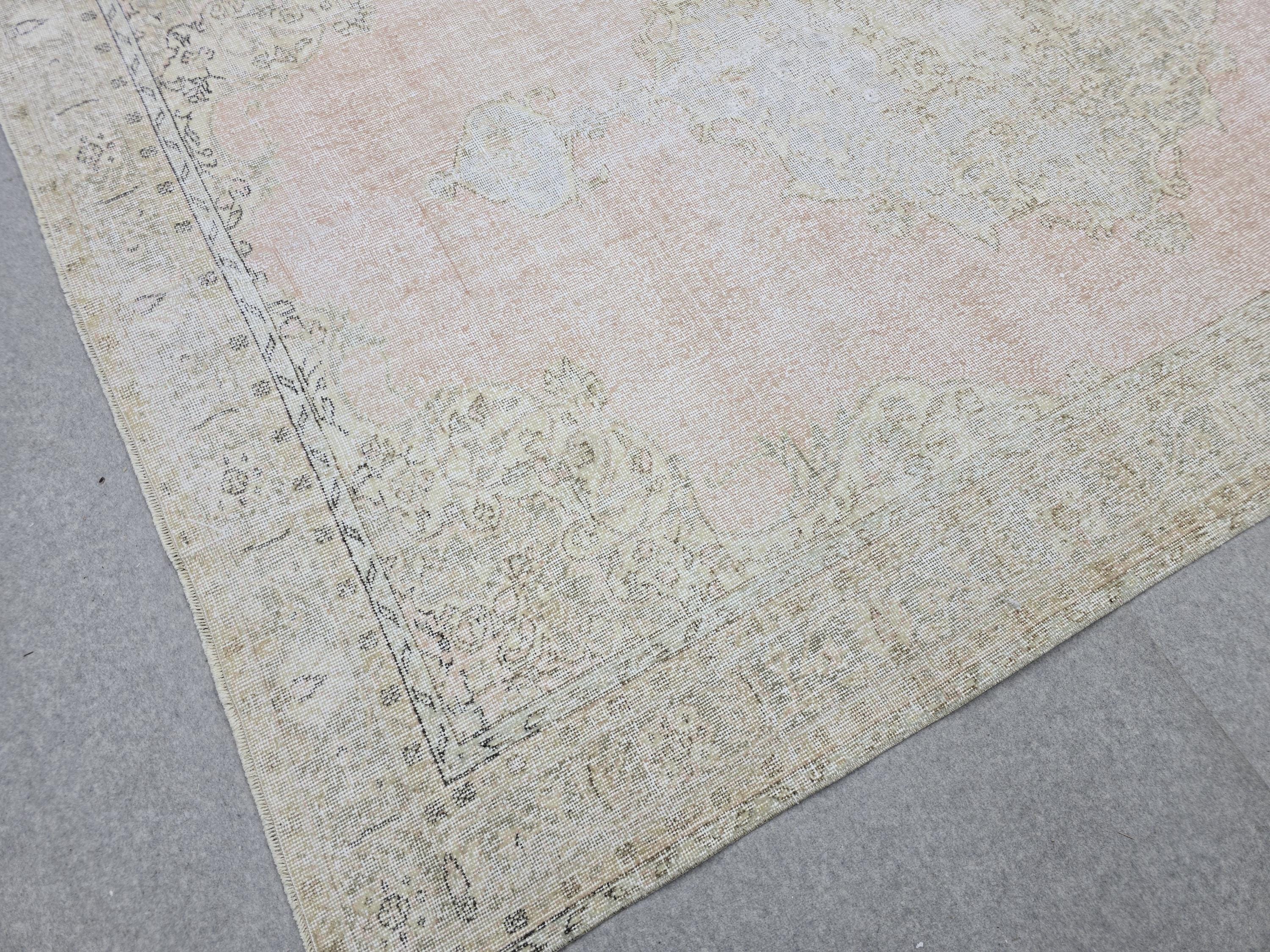 Oushak Rug 7x10, Muted Pink Beige Handwoven Turkish Carpet, Vintage Wool Area Rug for Living Room Bedroom Boho Farmhouse Decor