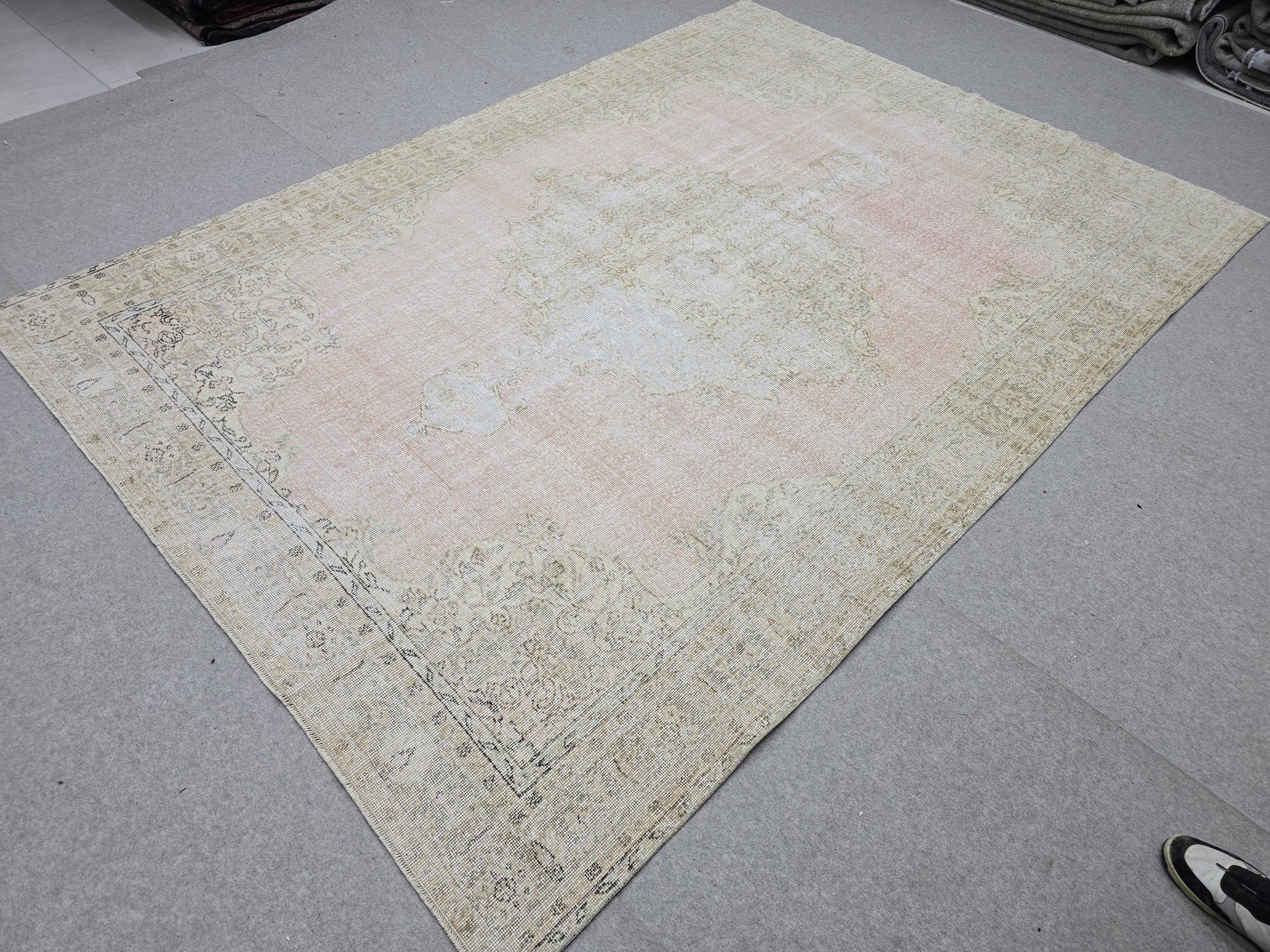 Oushak Rug 7x10, Muted Pink Beige Handwoven Turkish Carpet, Vintage Wool Area Rug for Living Room Bedroom Boho Farmhouse Decor
