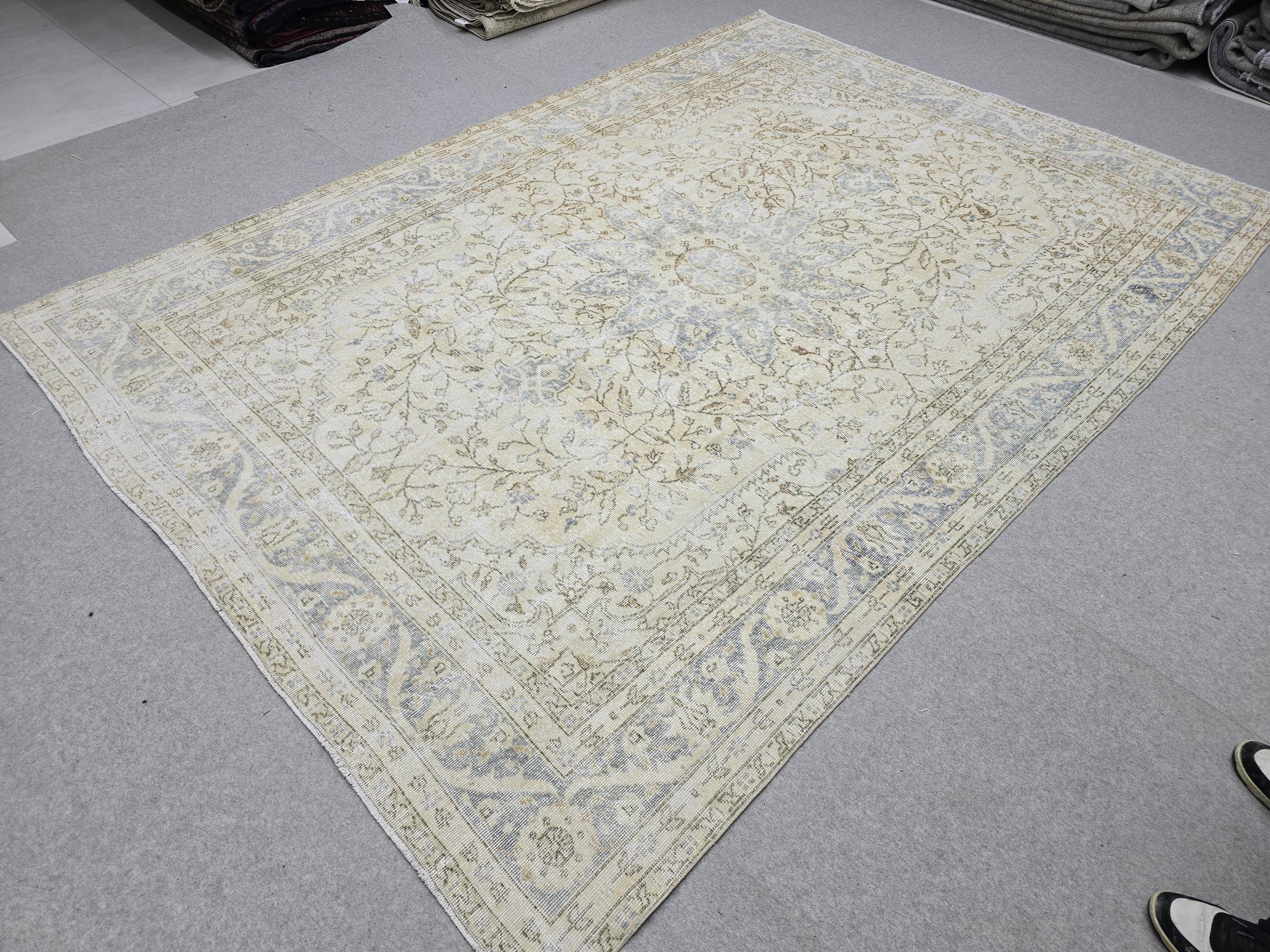 Oushak Rug 7.50x10.60 feet, Blue Medallion Turkish Carpet, Muted Cream Beige Floral, Vintage Tabriz Style Area Rug, Living Room