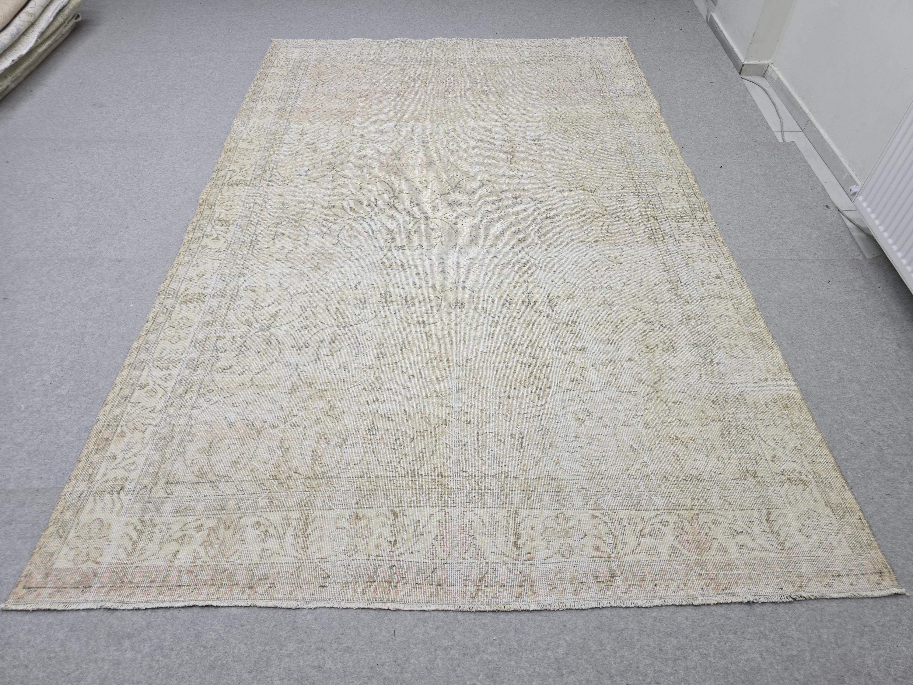 Oushak Rug 6x10, Muted Beige Turkish Area Rug, Vintage Floral Wool Carpet for Living Room Decor