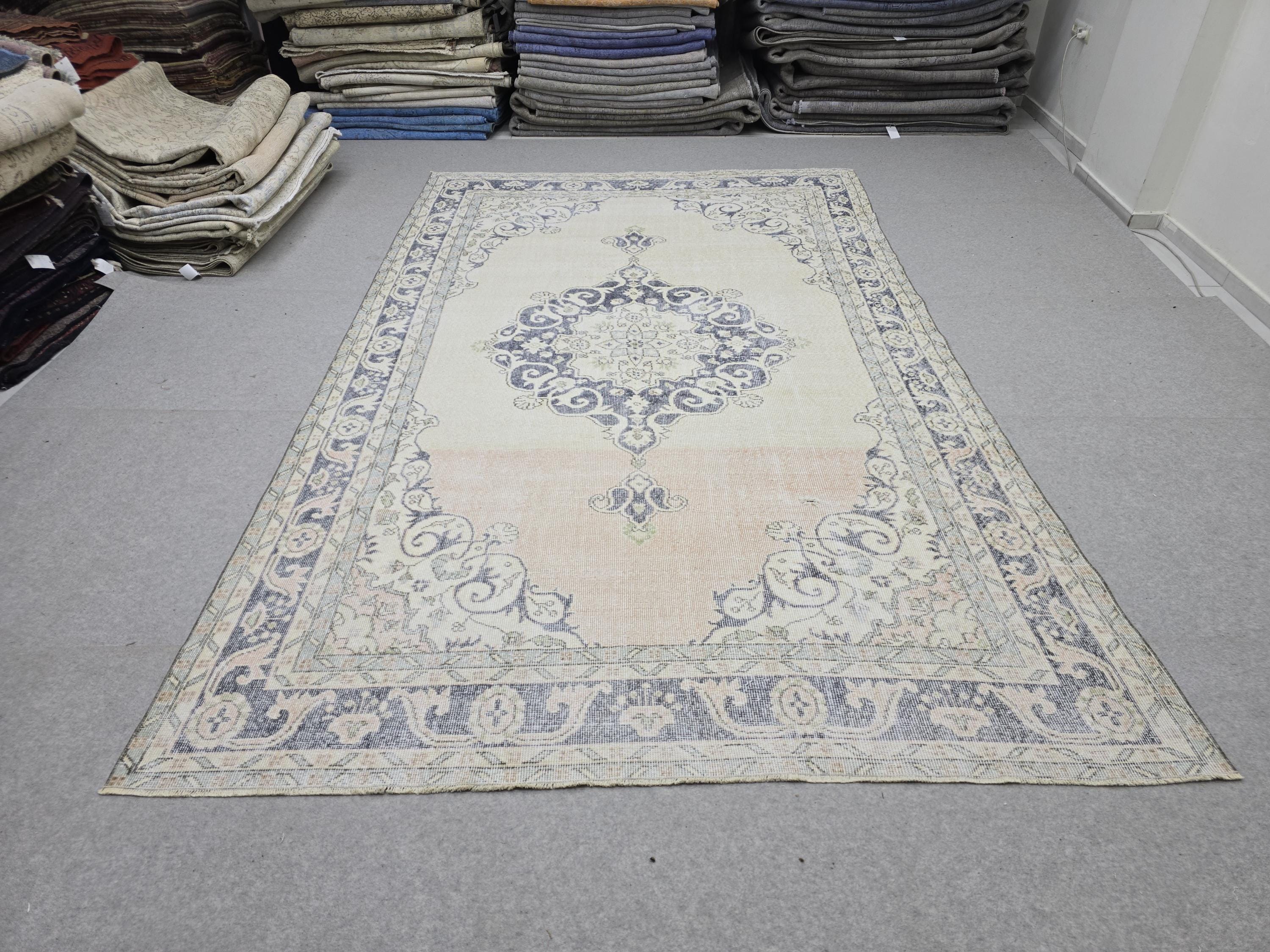 Turkish Rug 7x11, Vintage Navy Blue Cream Medallion Area Rug, Handknotted Oushak Style Carpet for Living Room Boho Decor