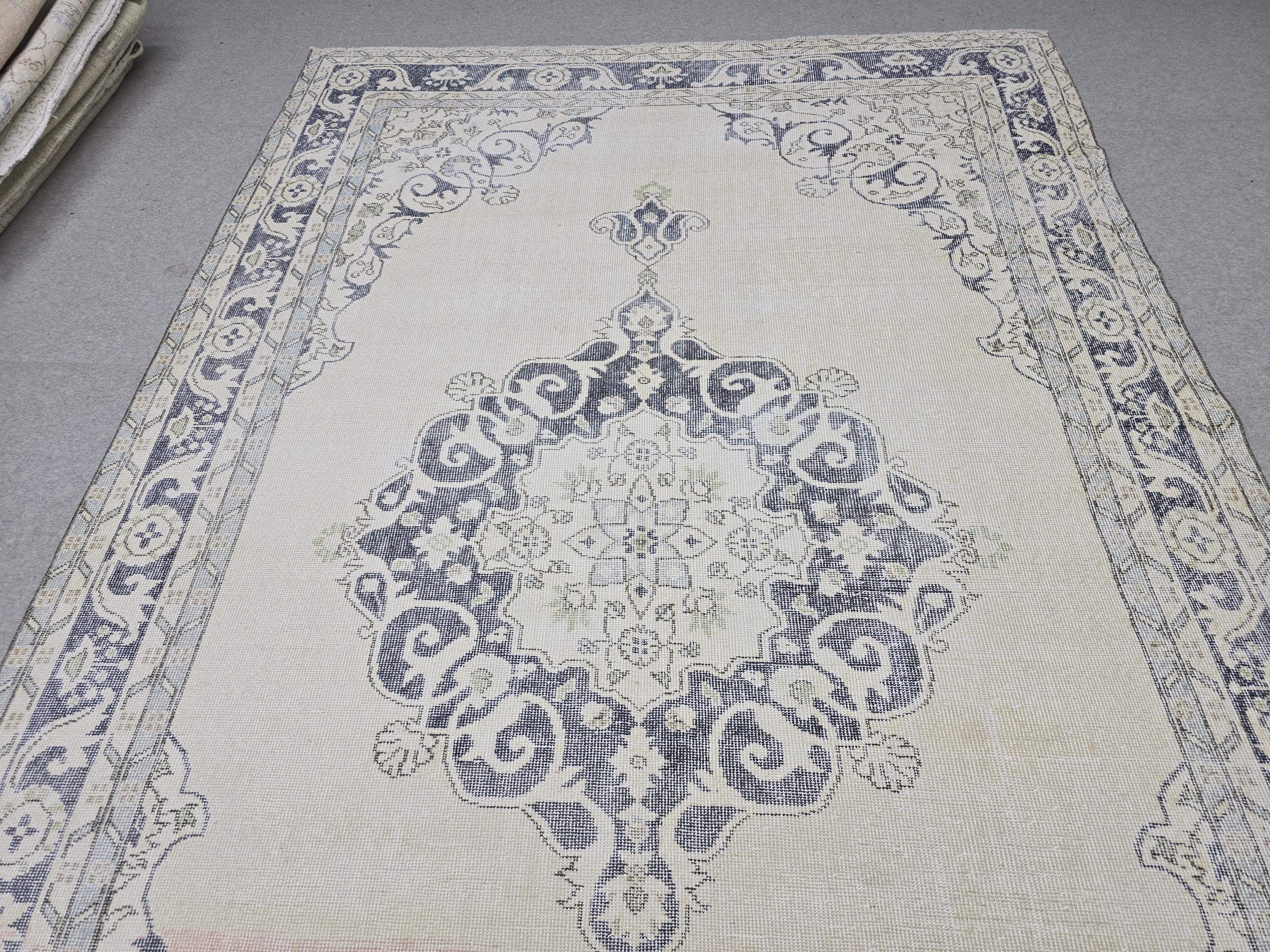 Turkish Rug 7x11, Vintage Navy Blue Cream Medallion Area Rug, Handknotted Oushak Style Carpet for Living Room Boho Decor