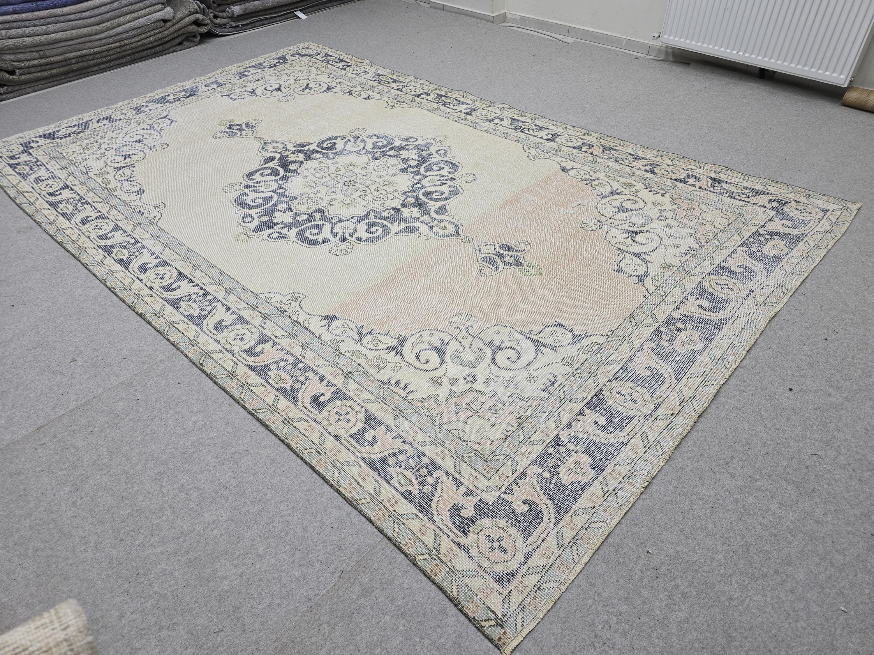 Turkish Rug 7x11, Vintage Navy Blue Cream Medallion Area Rug, Handknotted Oushak Style Carpet for Living Room Boho Decor