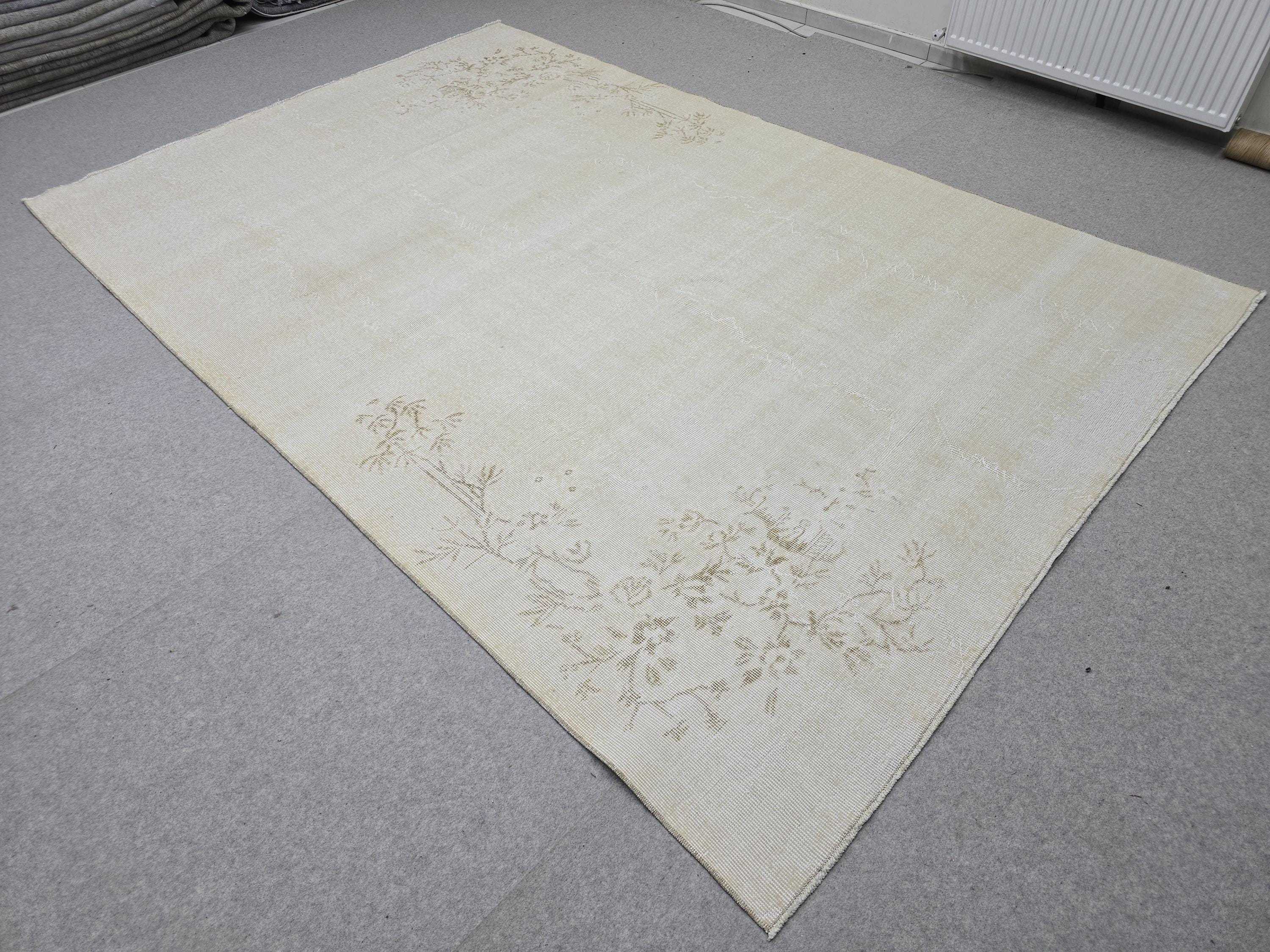 Large Vintage Turkish Rug 7x10, Neutral Beige Area Rug, Hand-Knotted Floral Wool Carpet, Muted Aesthetic Home Decor, Soft Cream Oushak Rug