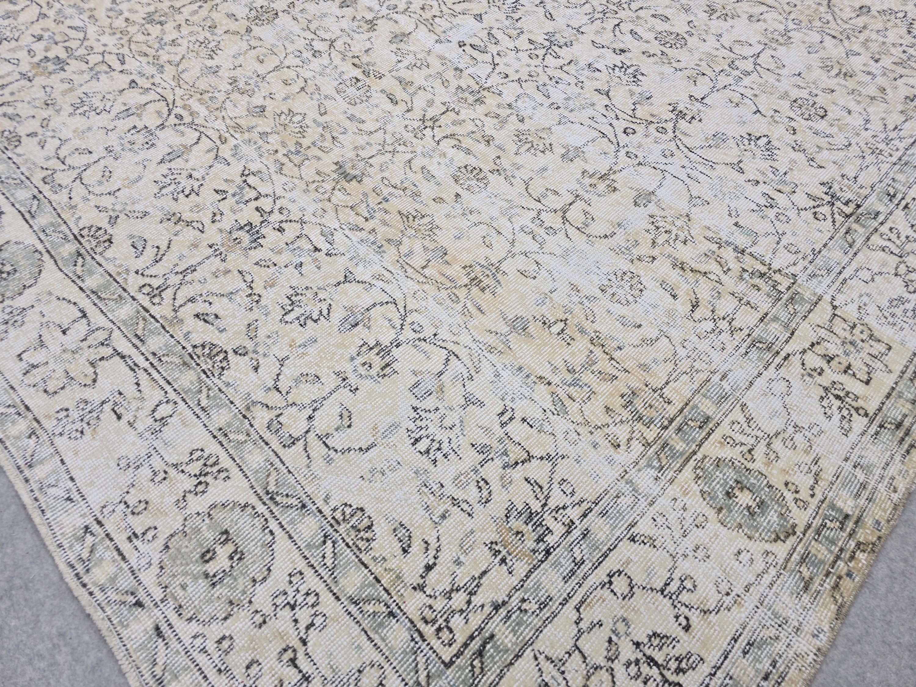 Vintage Rug 7x11, Cream Beige Floral Turkish Carpet, Handknotted Wool Area Rug for Living Room Dining Room Scandinavian Farmhouse Decor