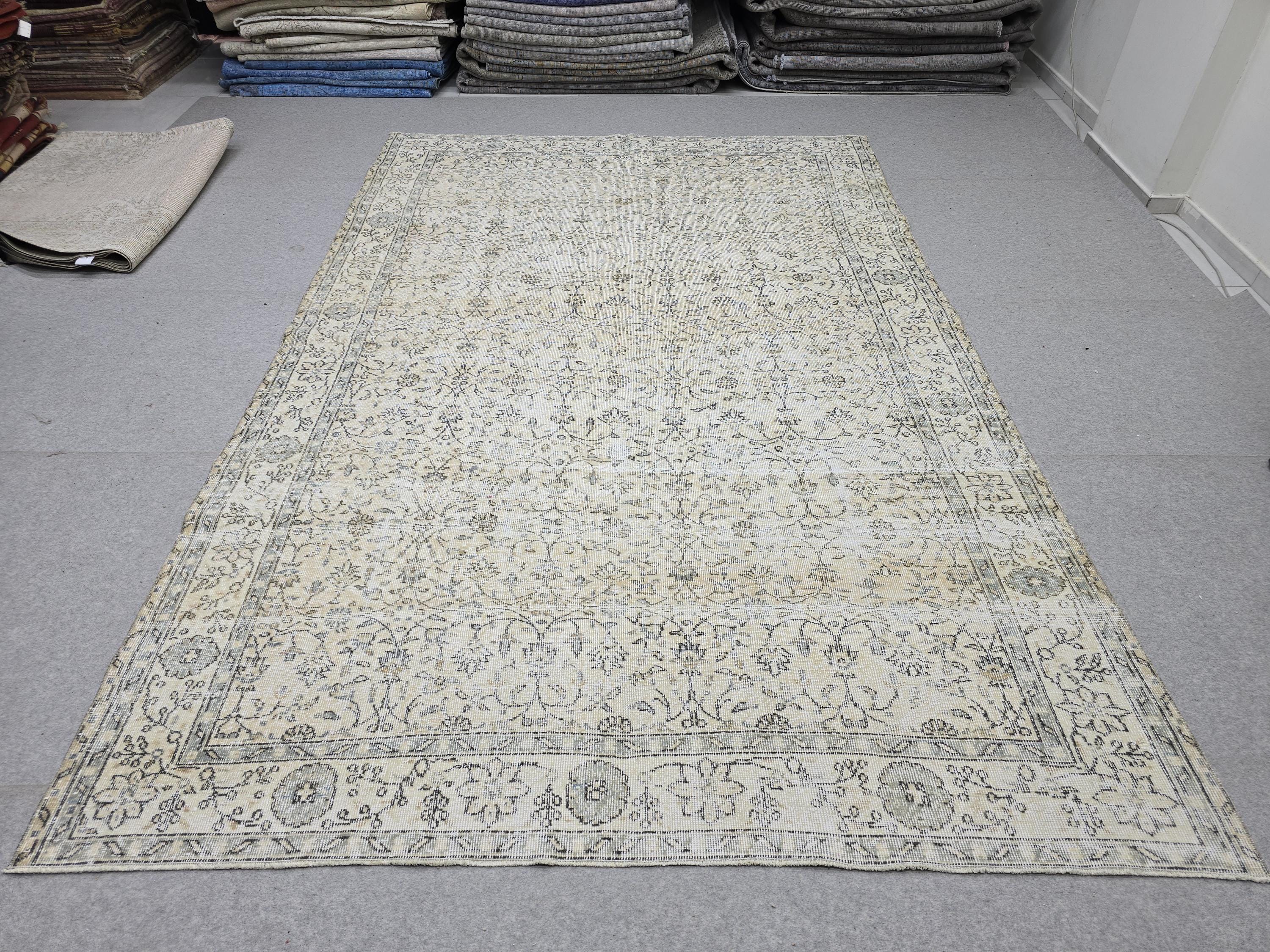 Vintage Rug 7x11, Cream Beige Floral Turkish Carpet, Handknotted Wool Area Rug for Living Room Dining Room Scandinavian Farmhouse Decor