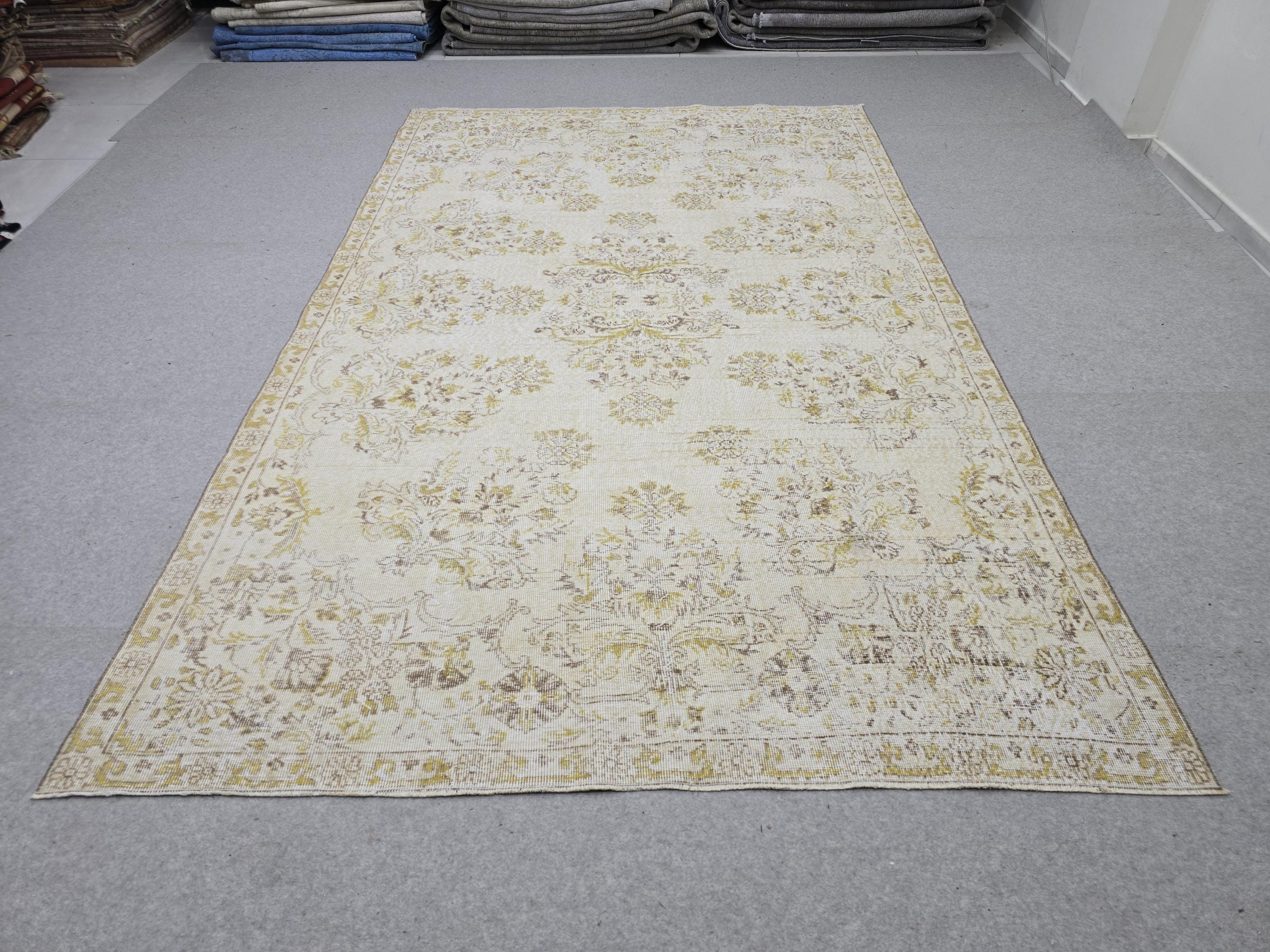 Oushak Rug 6x10, Gold Yellow Floral Turkish Vintage Carpet, Handknotted Wool Area Rug for Living Room Retro Boho Home Decor