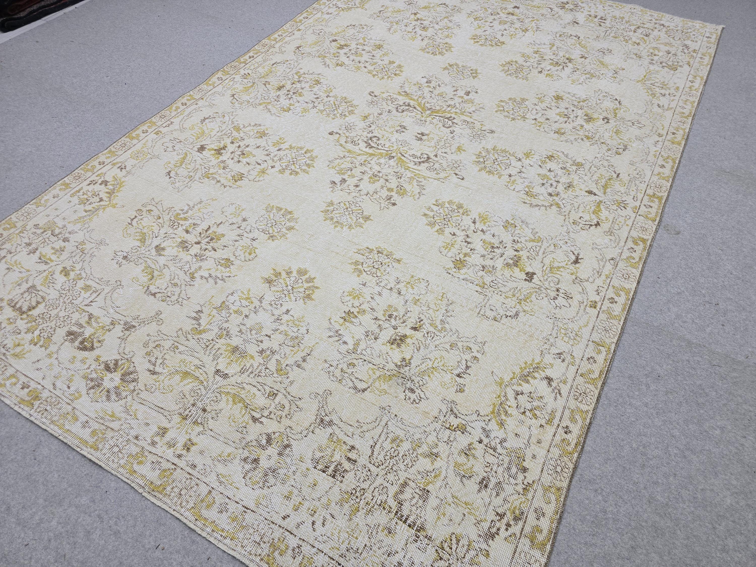 Oushak Rug 6x10, Gold Yellow Floral Turkish Vintage Carpet, Handknotted Wool Area Rug for Living Room Retro Boho Home Decor